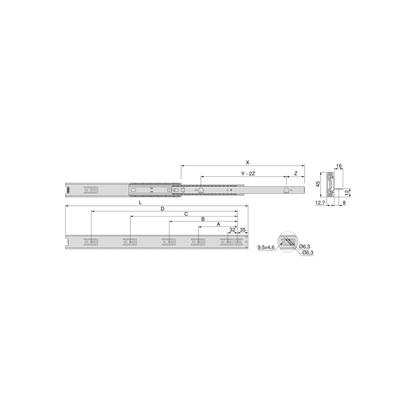 Emuca Set di guide a sfere per cassetti con estrazione totale, altezza 45 mm, lunghezza 600 mm, Acciaio, Zincato bianco