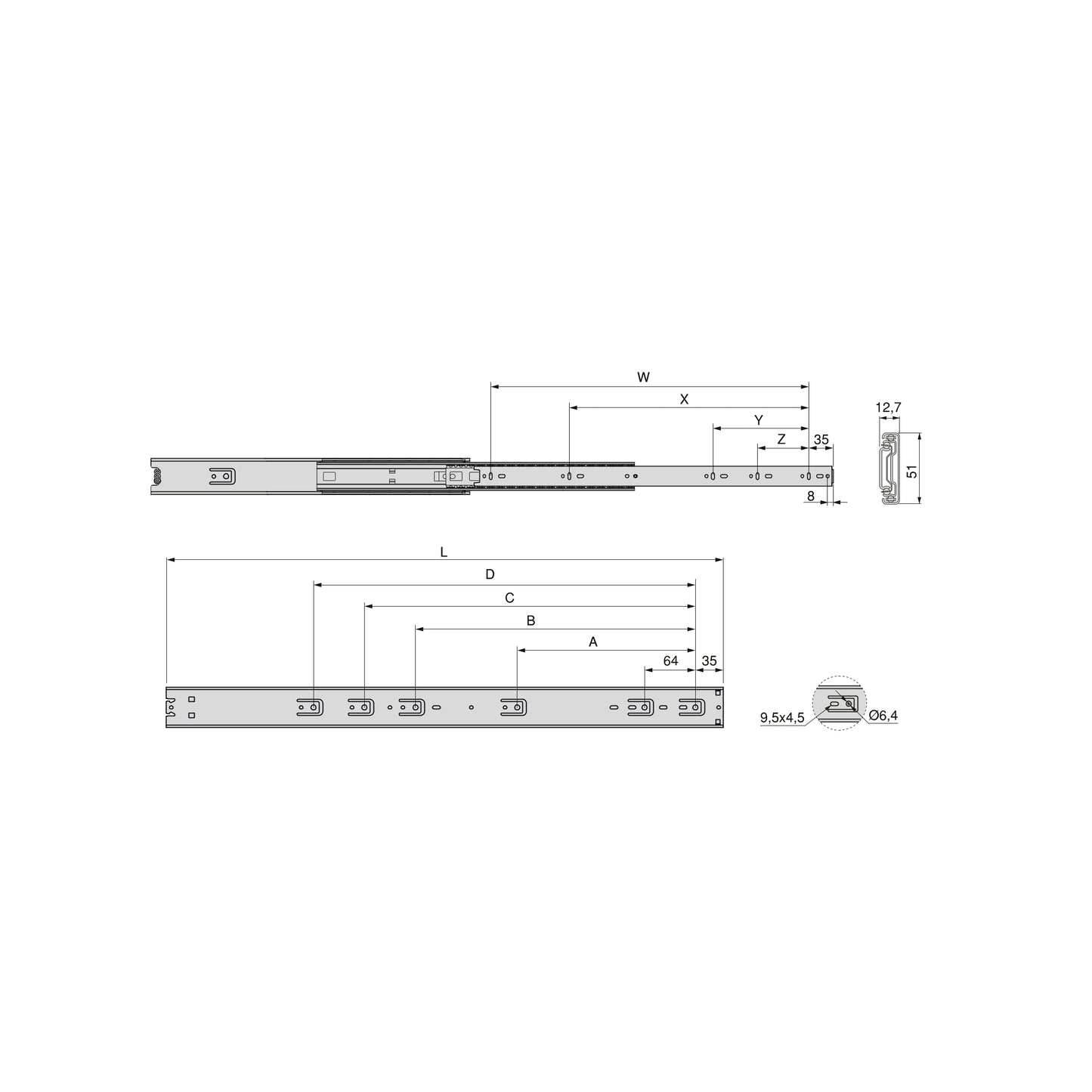 Emuca Lotto di 4 set guide per cassetti, a sfera, per cassetti con carichi pesanti, estrazione totale, altezza 51 mm, profondità 400 mm, Acciaio, Zincato bianco