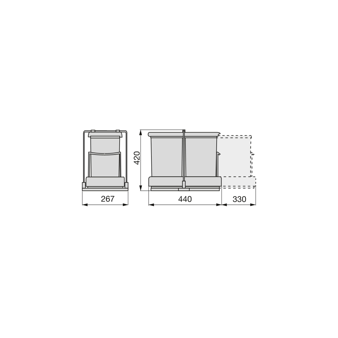 Emuca contenitore per la raccolta differenziata da montare sul fondo ed estraibile automaticamente in cucina 2x14lt, Tecnoplastica Grigia
