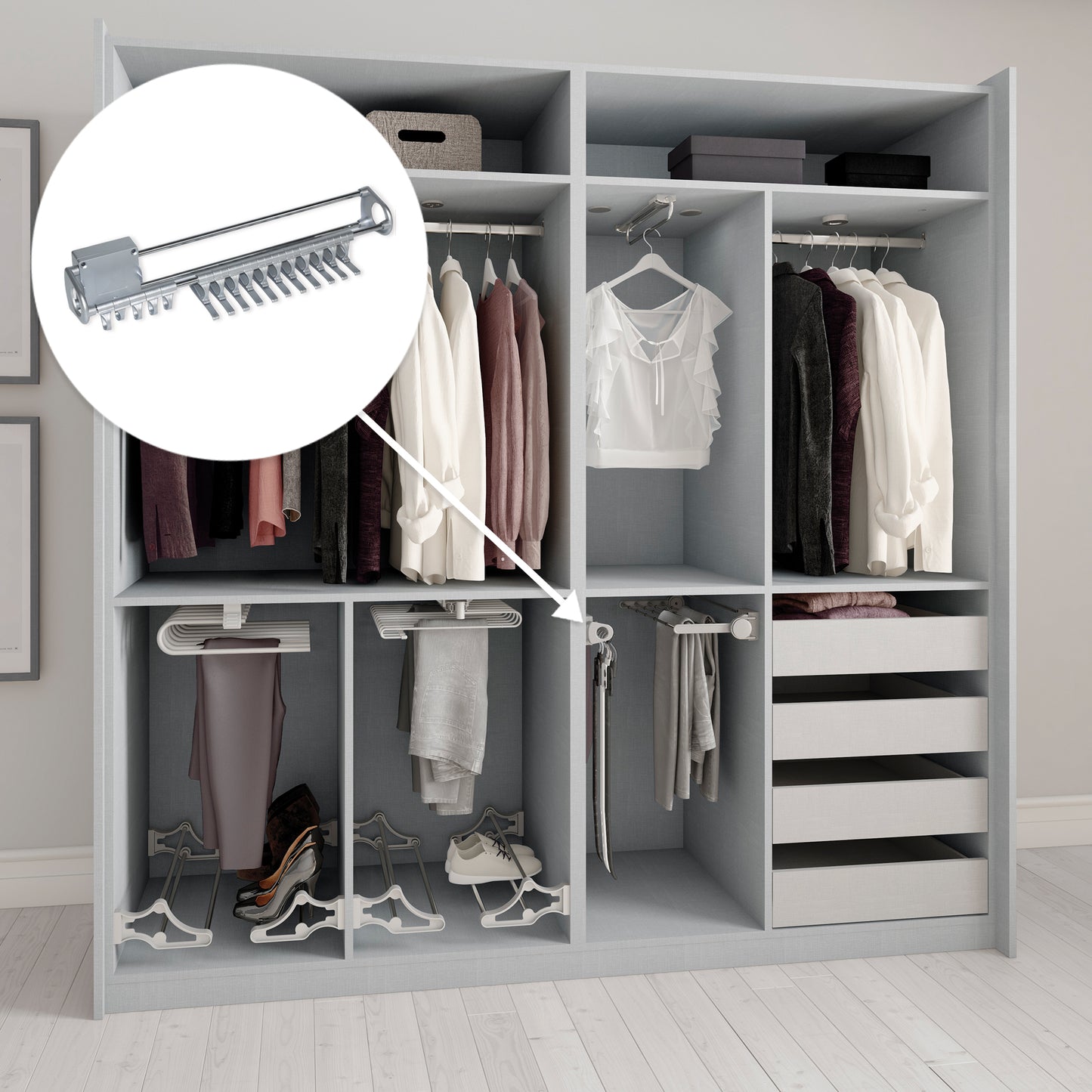 Emuca Porta-cravatte estraibile laterale Self, Acciaio e Tecnoplastica, Verniciato alluminio