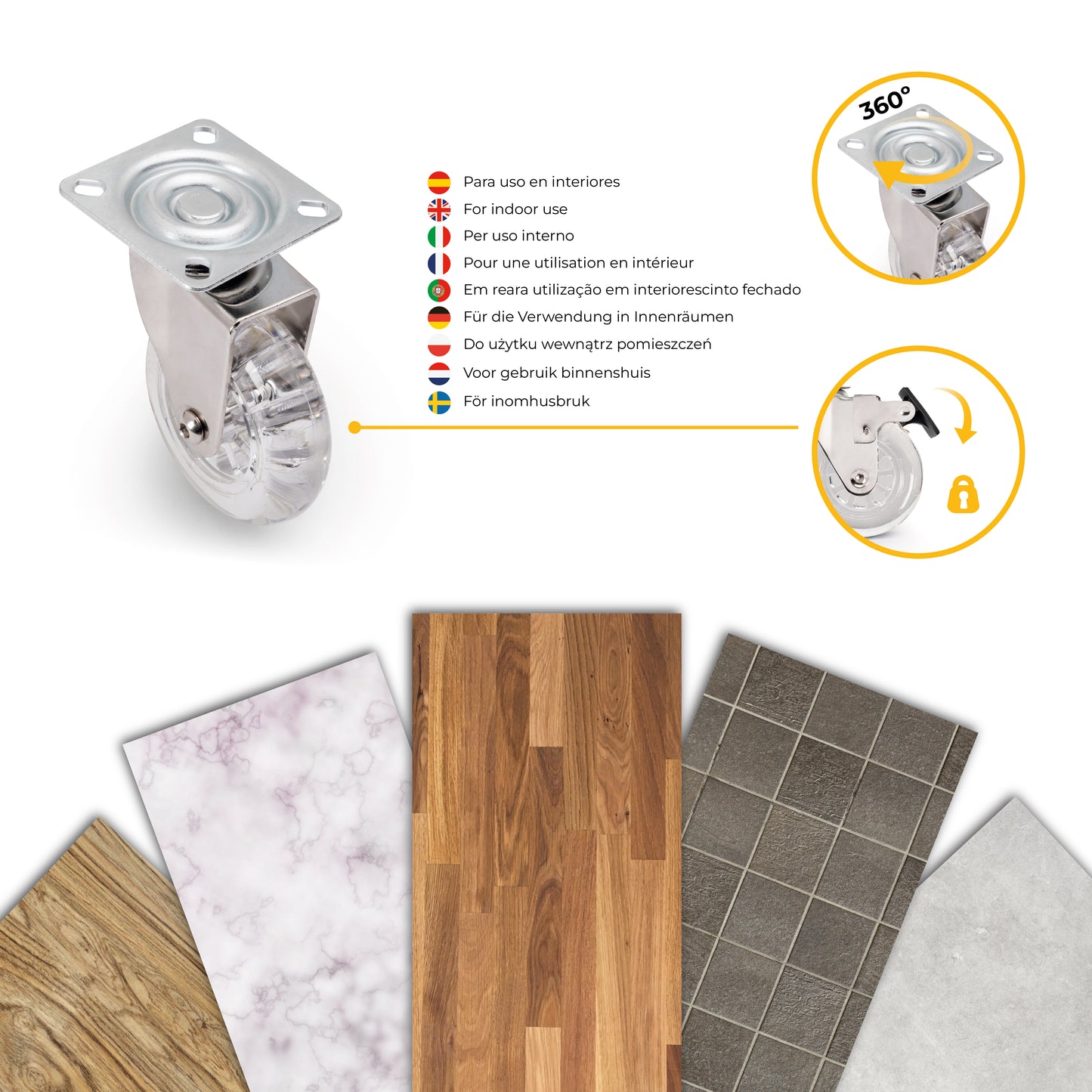 Emuca Lotto di 4 ruote Slip trasparenti con piastra di montaggio, diametro 75 mm, Acciaio e Tecnoplastica