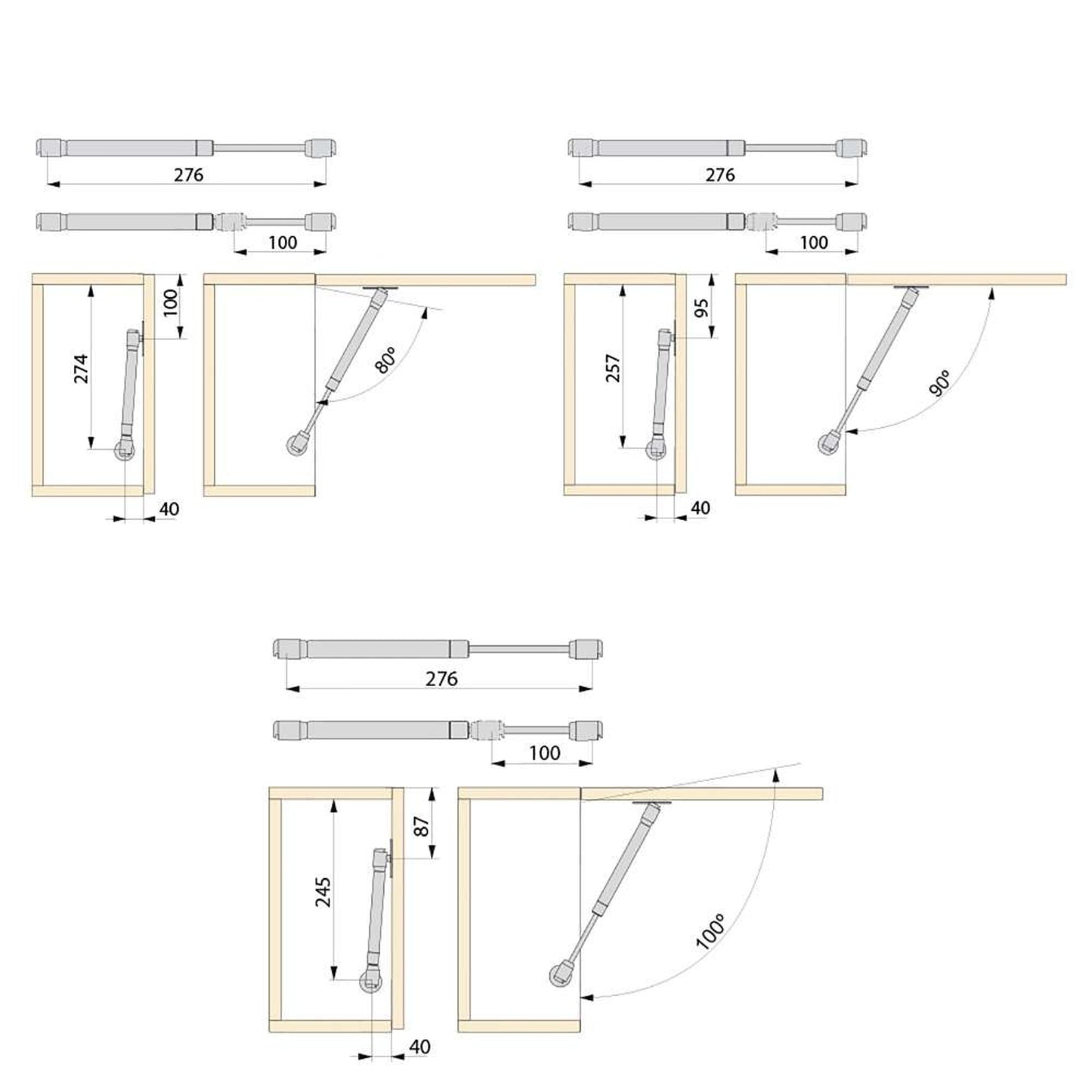 Emuca Lotto di 10 braccetti per porta elevabile H, 11 kg, corsa 100 mm, con agganci, Acciaio e Tecnoplastica, Grigia metallizzata
