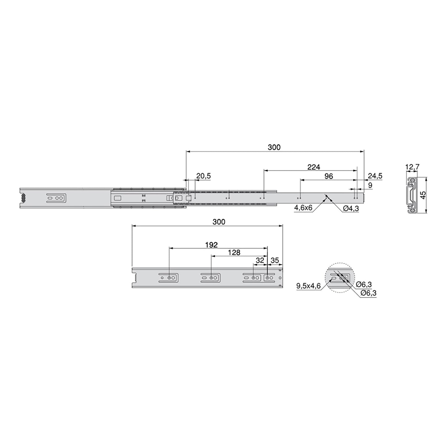 Emuca Set di guide a sfera per cassetti a estrazione totale, altezza 45 mm, lunghezza 300 mm, Acciaio, Zincato bianco