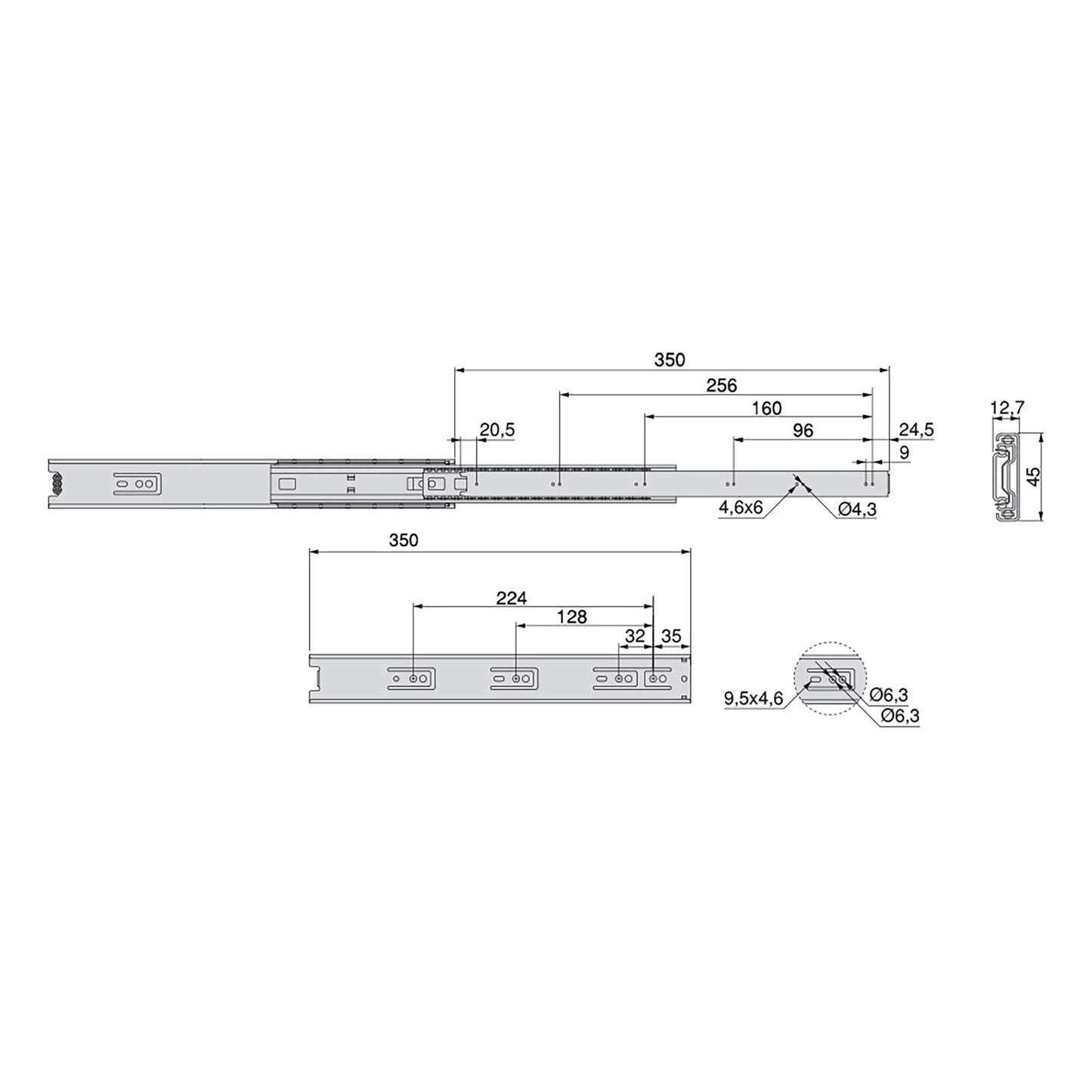 Emuca Set di guide a sfera per cassetti a estrazione totale, altezza 45 mm, lunghezza 350 mm, Acciaio, Zincato bianco