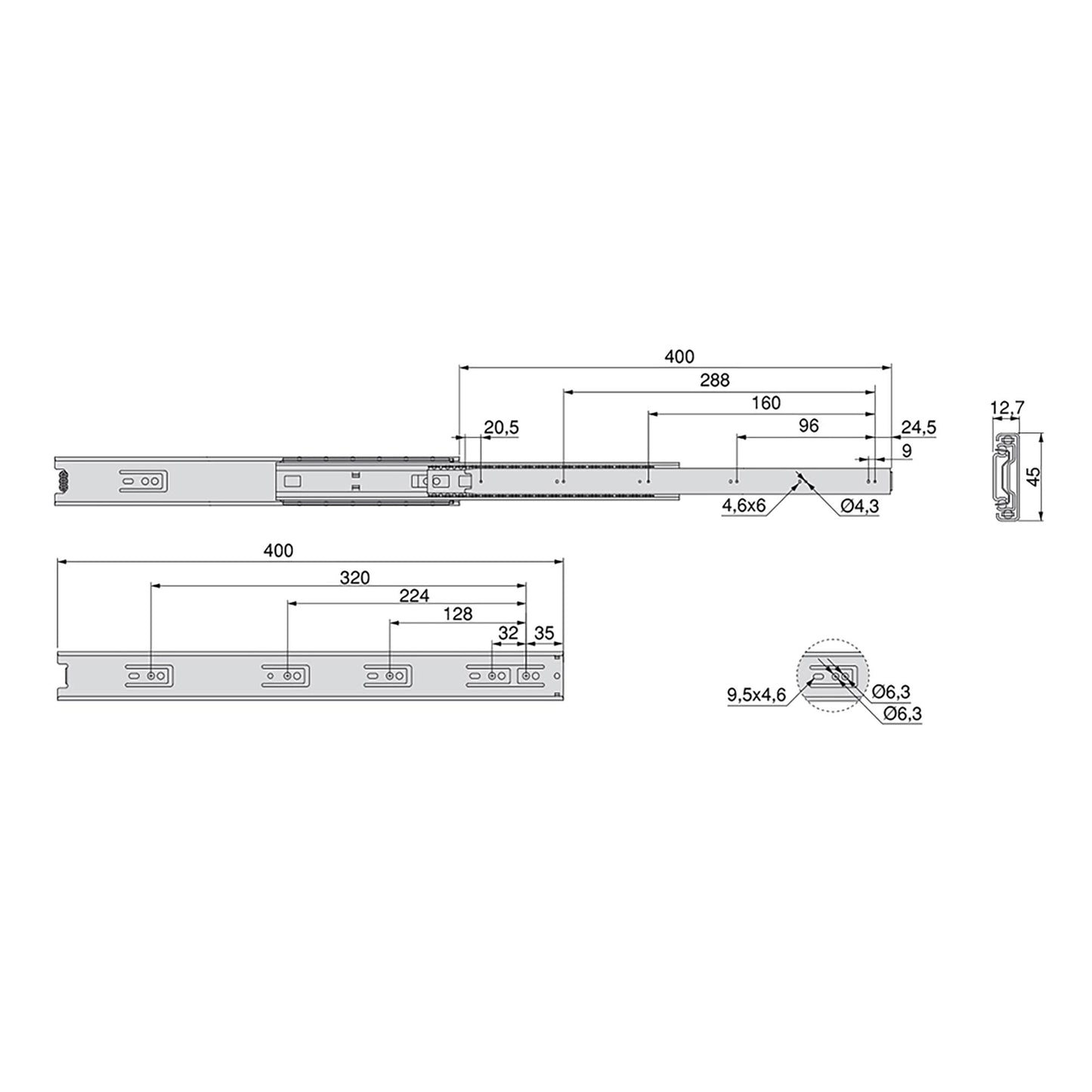 Emuca Set di guide a sfera per cassetti a estrazione totale, altezza 45 mm, lunghezza 400 mm, Acciaio, Zincato bianco