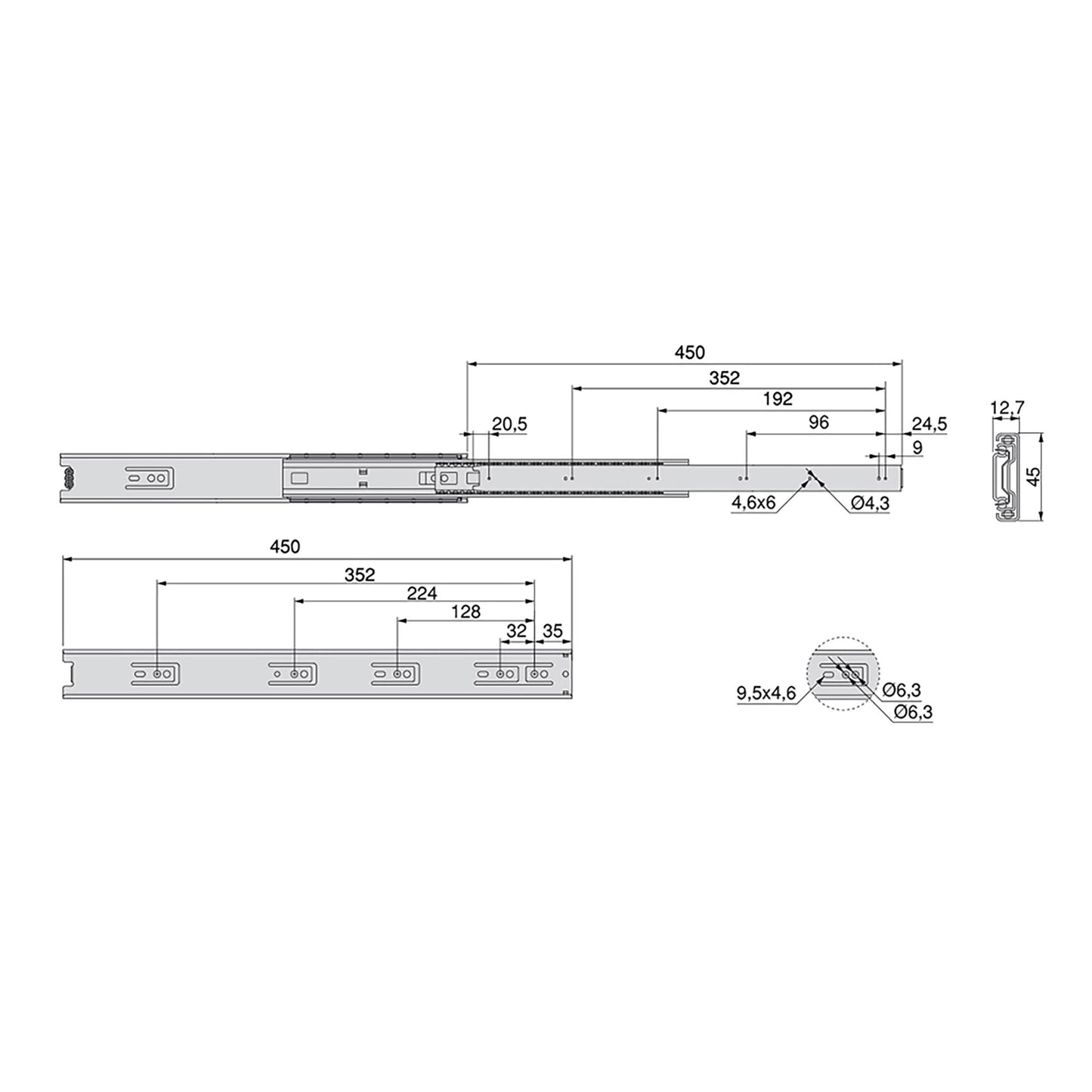 Emuca Set di guide a sfera per cassetti a estrazione totale, altezza 45 mm, lunghezza 450 mm, Acciaio, Zincato bianco