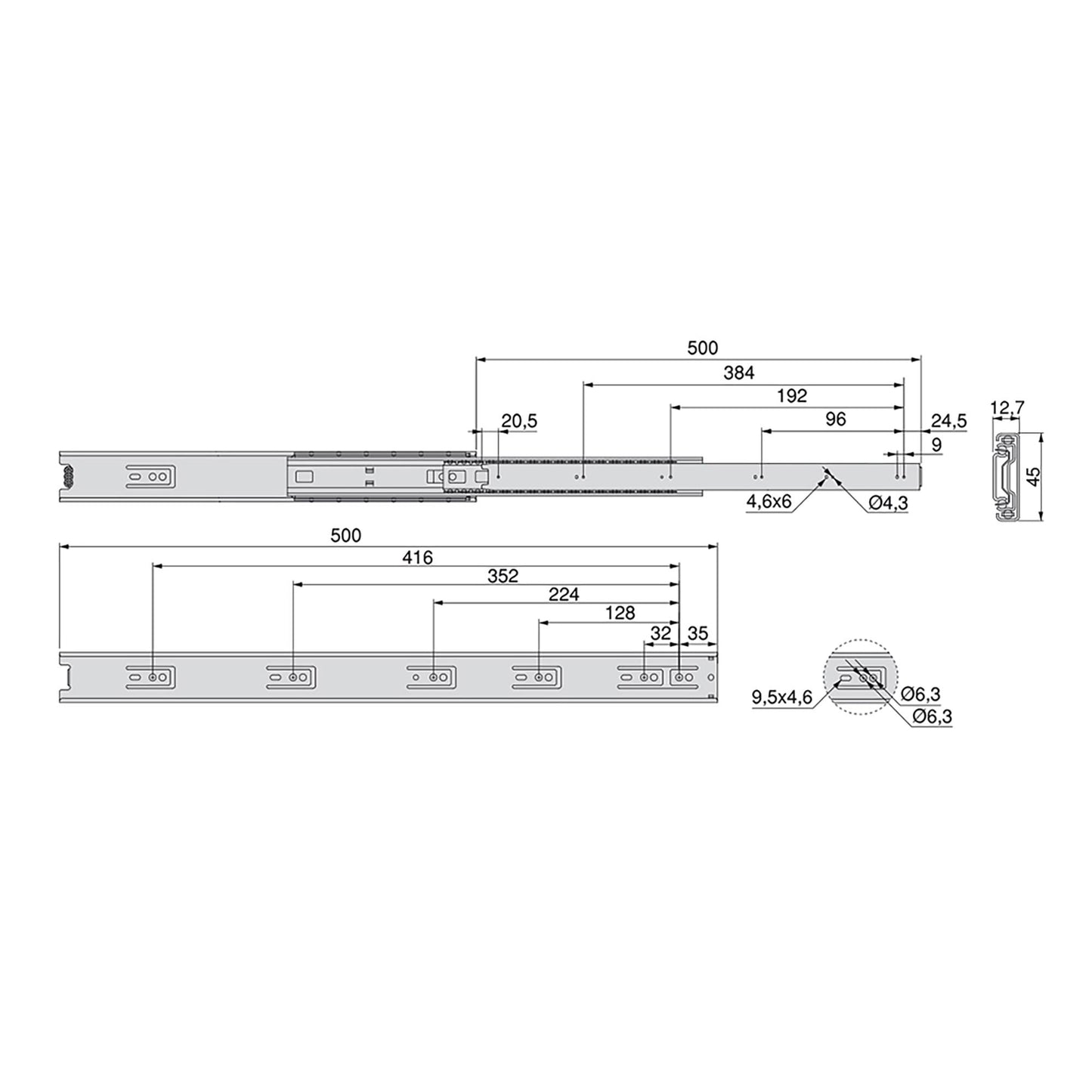 Emuca Set di guide a sfera per cassetti a estrazione totale, altezza 45 mm, lunghezza 500 mm, Acciaio, Zincato bianco