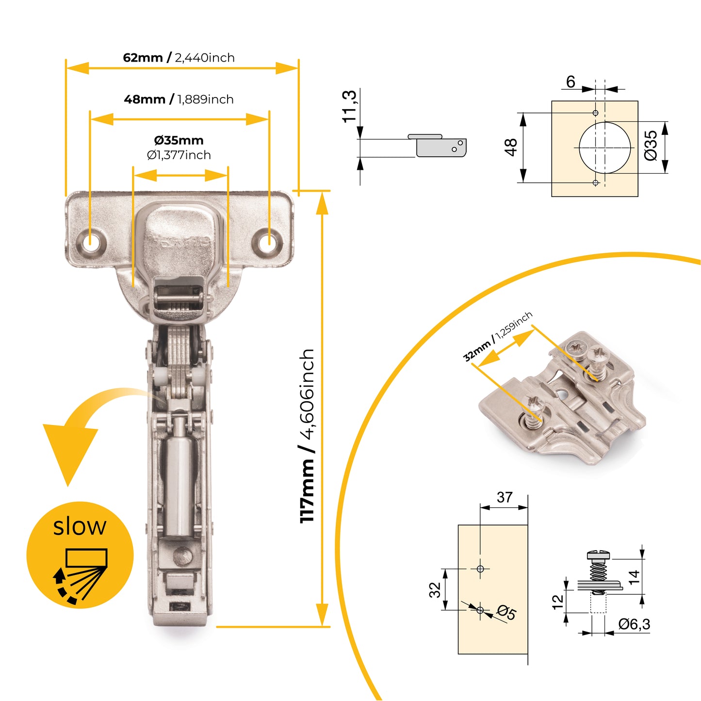 Emuca Lotto di 20 cerniere mezzo collo X91 con chiusura soft e Basetta Euro, altezza 0, Acciaio, Nichelato