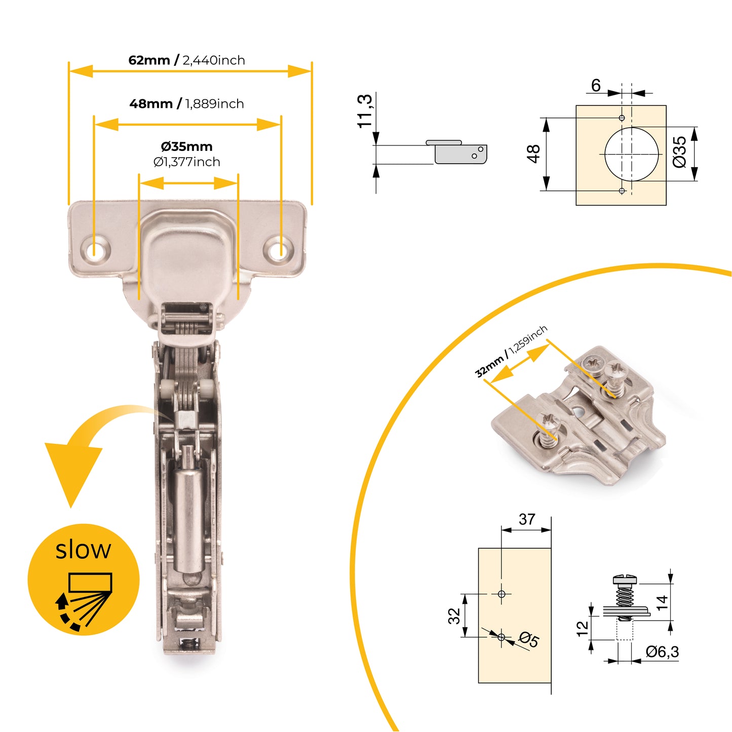 Emuca Lotto di 20 cerniere collo alto X91 con chiusure soft e Basetta Euro, altezza 0, Acciaio, Nichelato