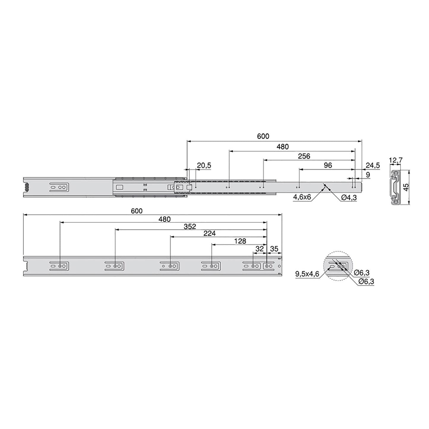 Emuca Set di guide a sfera per cassetti a estrazione totale, altezza 45 mm, lunghezza 600 mm, Acciaio, Zincato bianco