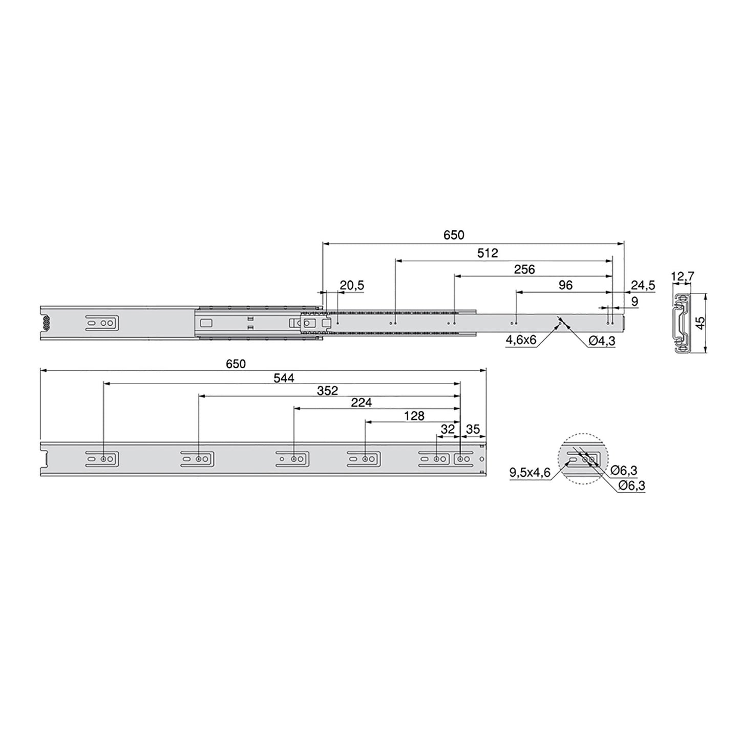 Emuca Set di guide a sfera per cassetti a estrazione totale, altezza 45 mm, L650 mm, Acciaio, Zincato bianco