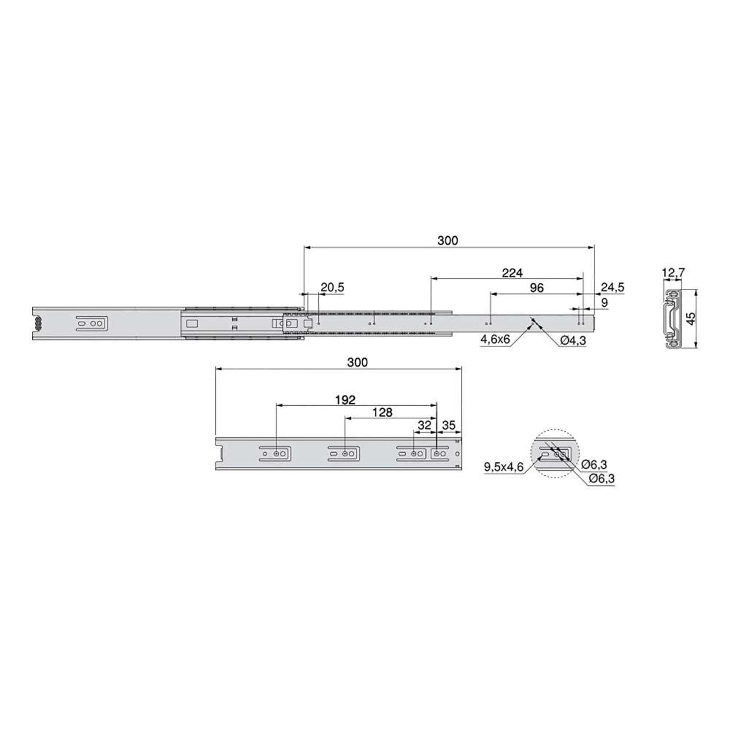 Emuca Lotto di 5 set guide per cassetti, a sfera, altezza 45 mm, profondità 300 mm, estrazione totale, zincate