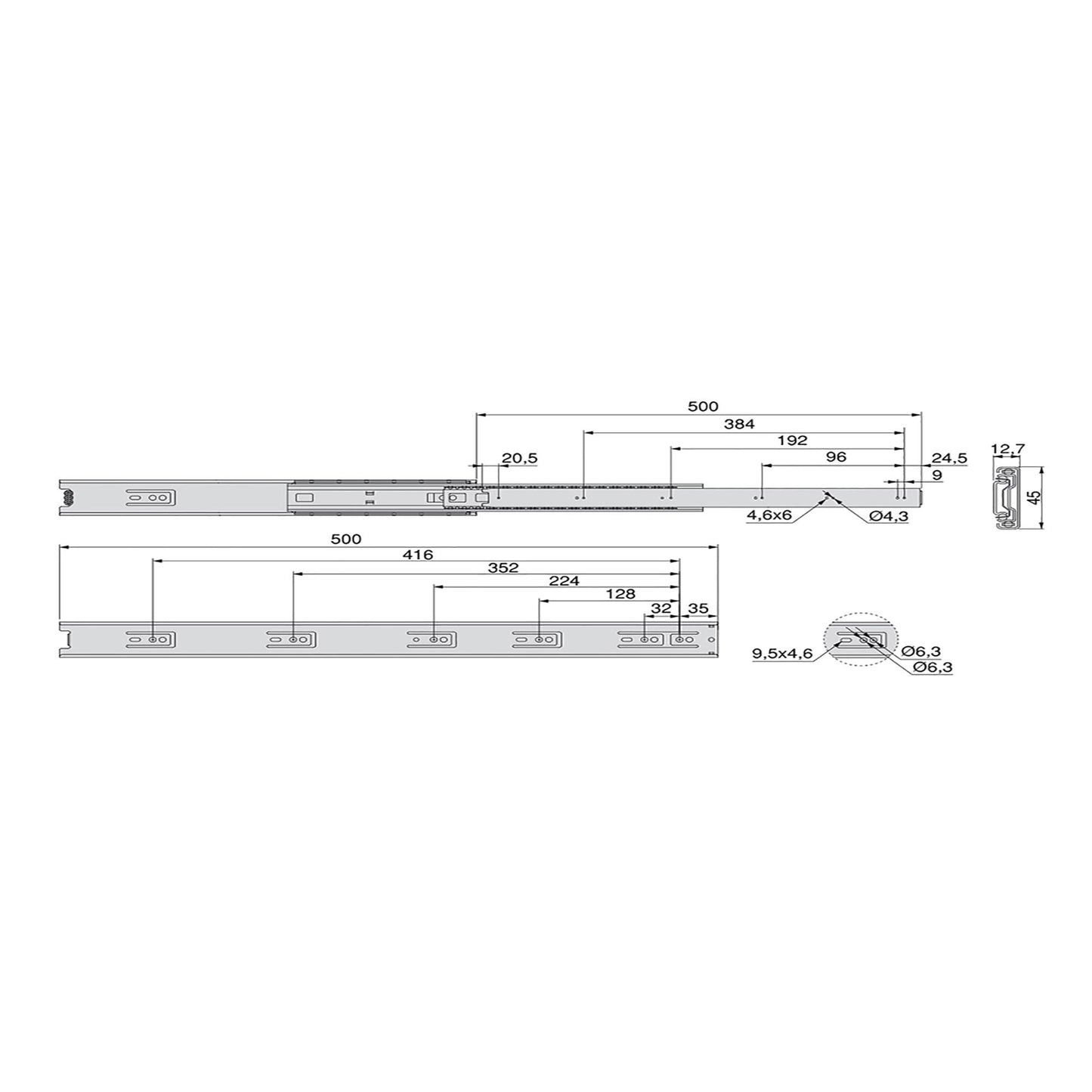 Emuca Lotto di 5 set guide per cassetti, a sfera, altezza 45 mm, profondità 600 mm, estrazione totale, Nera