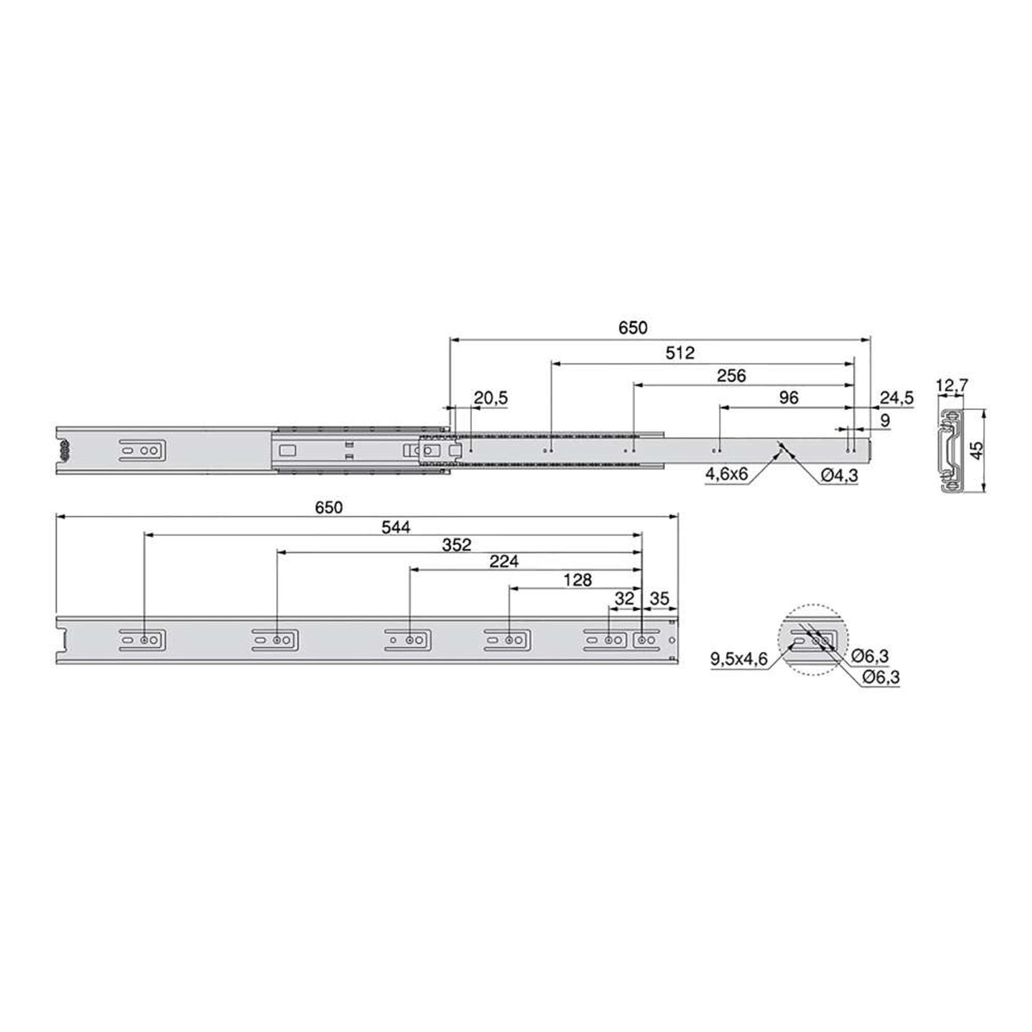 Emuca Lotto di 5 set guide per cassetti, a sfera, altezza 45 mm, profondità 650 mm, estrazione totale, zincate