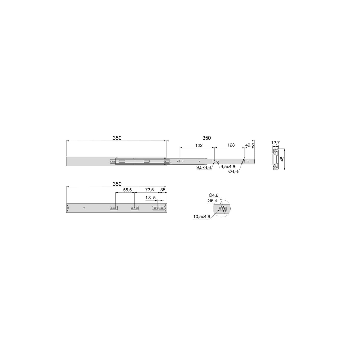 Emuca Set di guide a sfere per cassetti con estrazione totale e chiusura soft, altezza 45 mm, lunghezza 350 mm, Acciaio, Zincato bianco