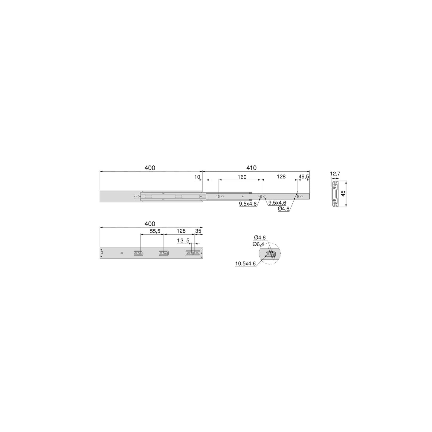 Emuca Set di guide a sfere per cassetti con estrazione totale e chiusura soft, altezza 45 mm, lunghezza 400 mm, Acciaio, Zincato bianco