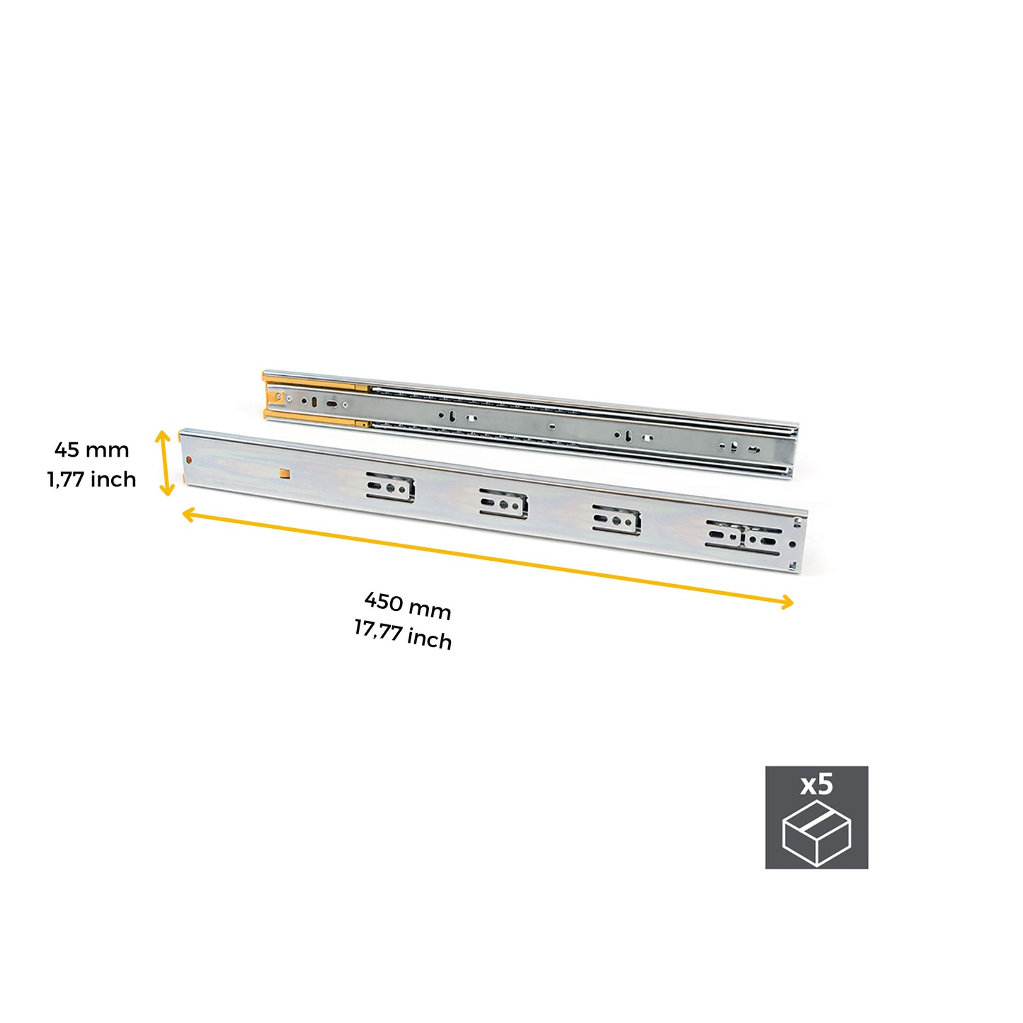 Emuca Lotto di 5 set guide per cassetti, a sfera, altezza 45 mm, profondità 450 mm, estrazione totale, chiusura soft, Zincato bianco