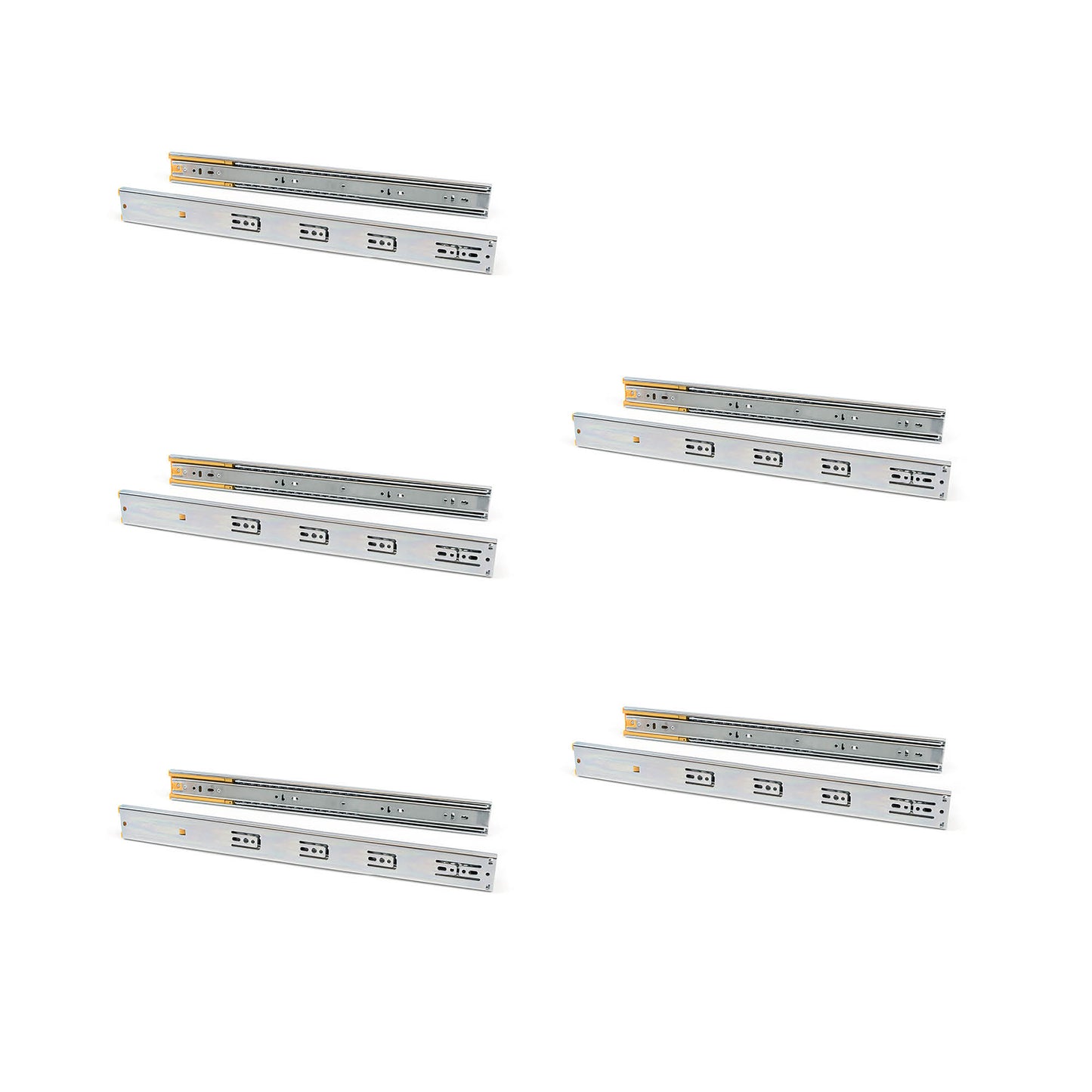 Emuca Lotto di 5 set guide per cassetti, a sfera, altezza 45 mm, profondità 450 mm, estrazione totale, chiusura soft, Zincato bianco
