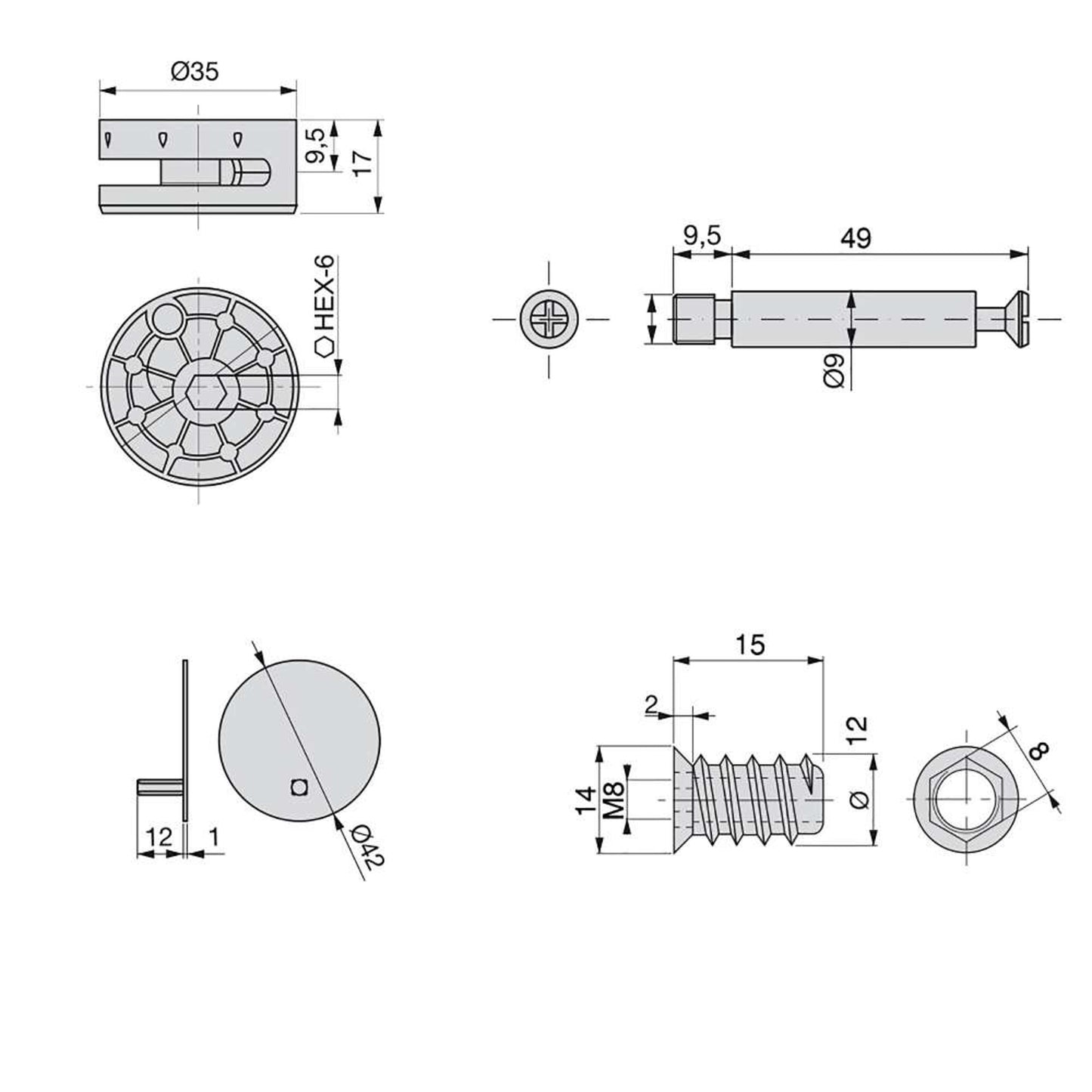 Emuca Lotto di 10 eccentrici diametro 35 mm con perno, bussola M8 e copertura in Tecnoplastica Bianca, per pannelli da 20 mm, Zama e Acciaio