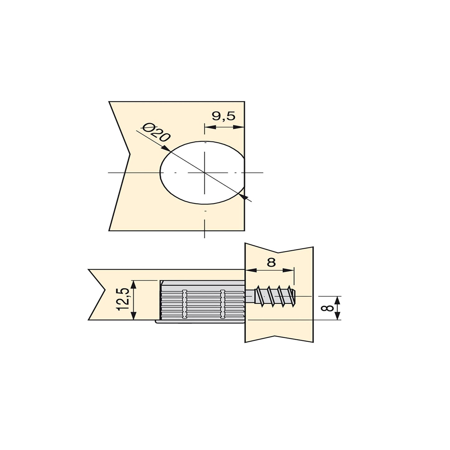 Emuca Lotto di 20 eccentrici e tiranti per il montaggio di scaffali, Eccentrici diametro 20 mm, 12,5 mm, Tiranti diametro 6 mm, 8 mm, Zama e Acciaio, Nichelato