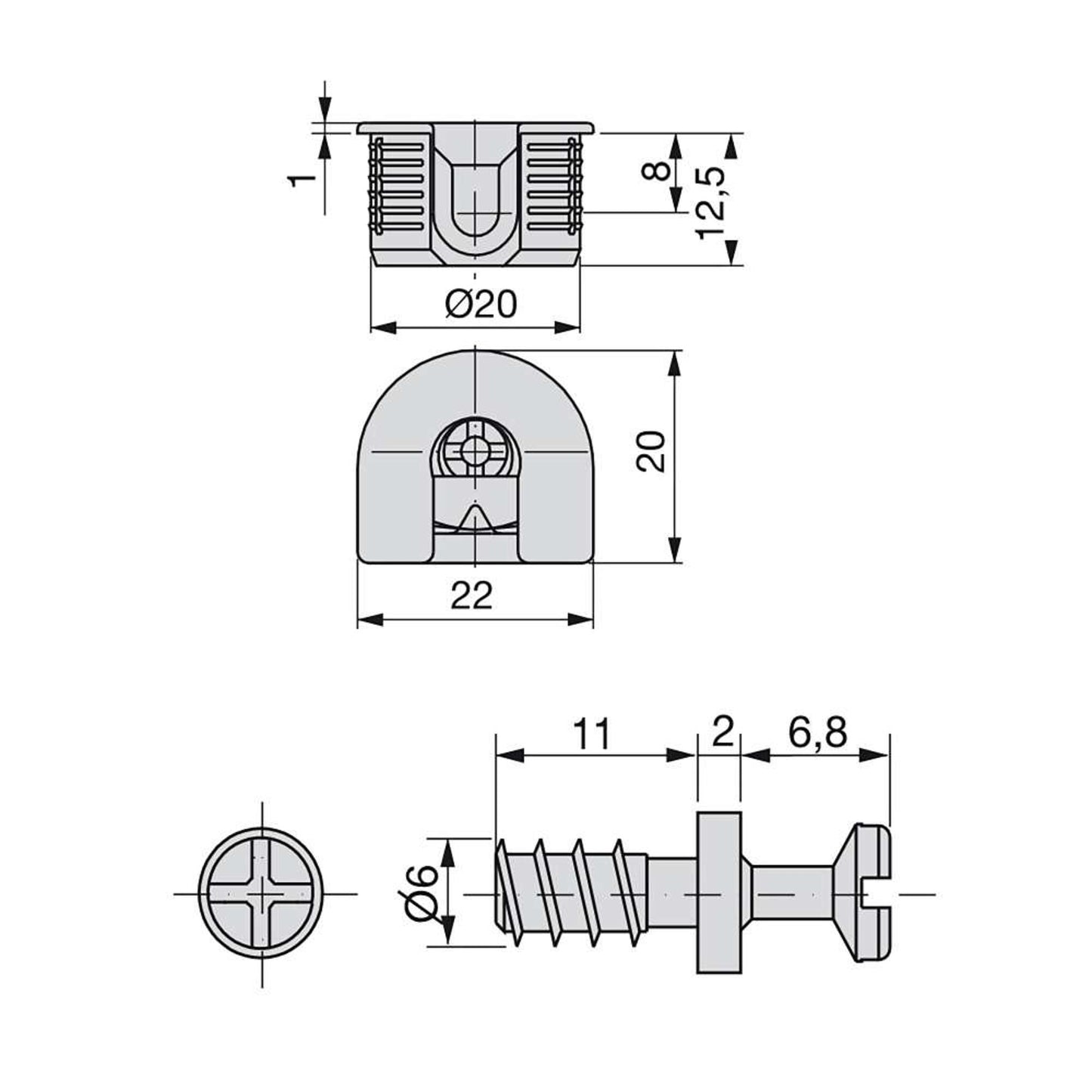 Emuca Lotto di 20 eccentrici e tiranti per il montaggio di scaffali, Eccentrici diametro 20 mm, 12,5 mm, Tiranti diametro 6 mm, 11 mm, Zama e Acciaio, Nichelato
