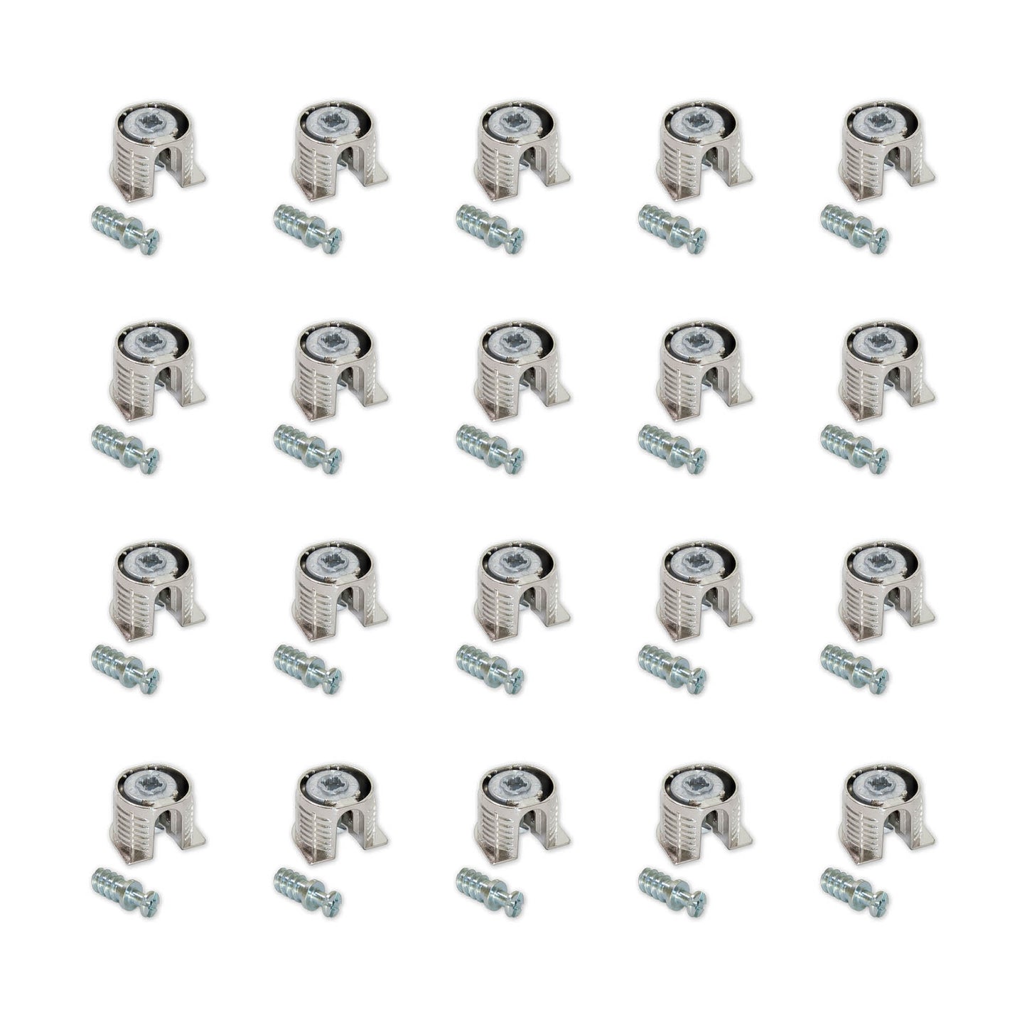 Emuca Lotto di 20 eccentrici e tiranti per il montaggio di scaffali, Eccentrici diametro 20 mm, 12,5 mm, Tiranti diametro 6 mm, 11 mm, Zama e Acciaio, Nichelato