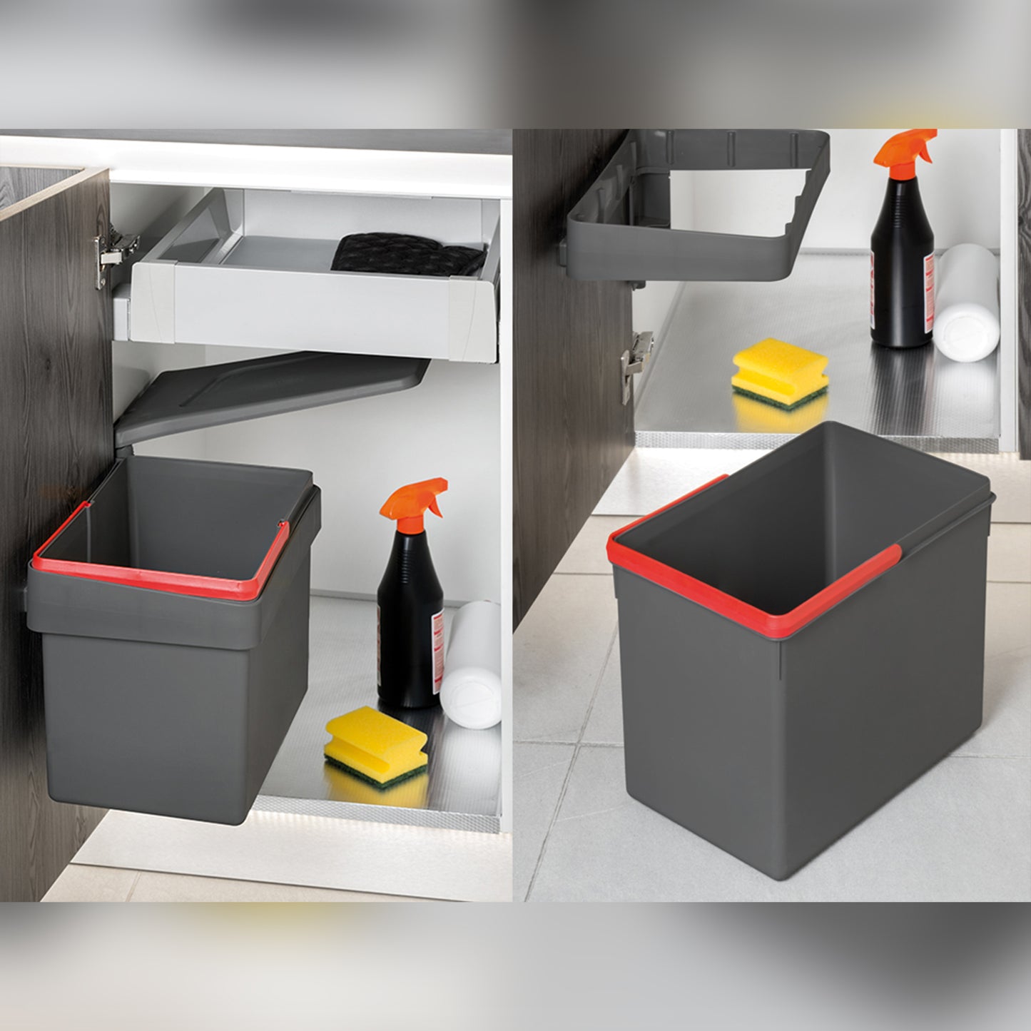 Emuca Contenitore per mobili Recycle da agganciare all'anta, 1 contenitore estraibile da 15 lt, Grigio antracite, Tecnoplastica