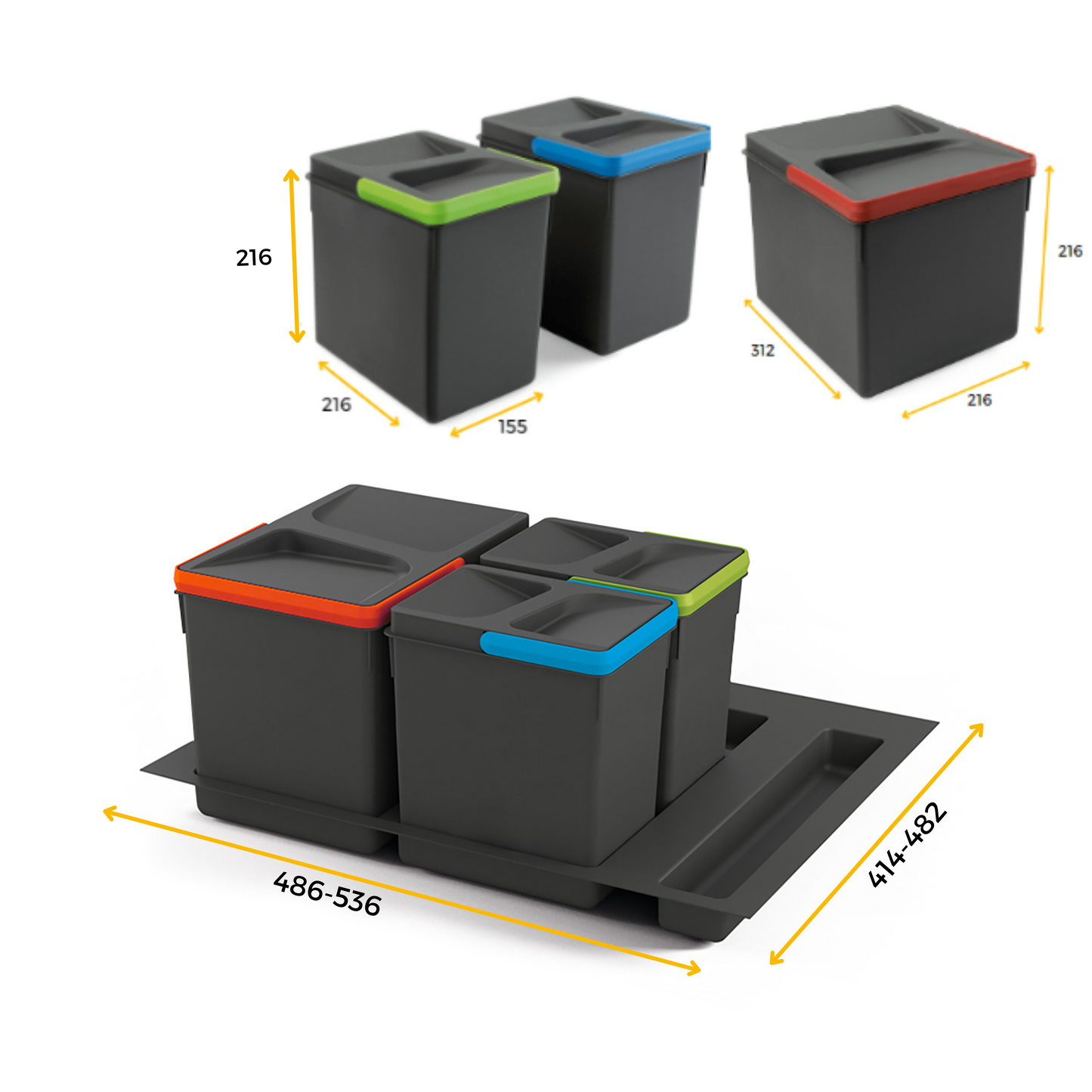 Emuca Kit di contenitori per cassetti da cucina con base Recycle altezza 216 mm, 1x12 lt, 2x6 lt, modulo 600 mm, Grigio antracite, Tecnoplastica
