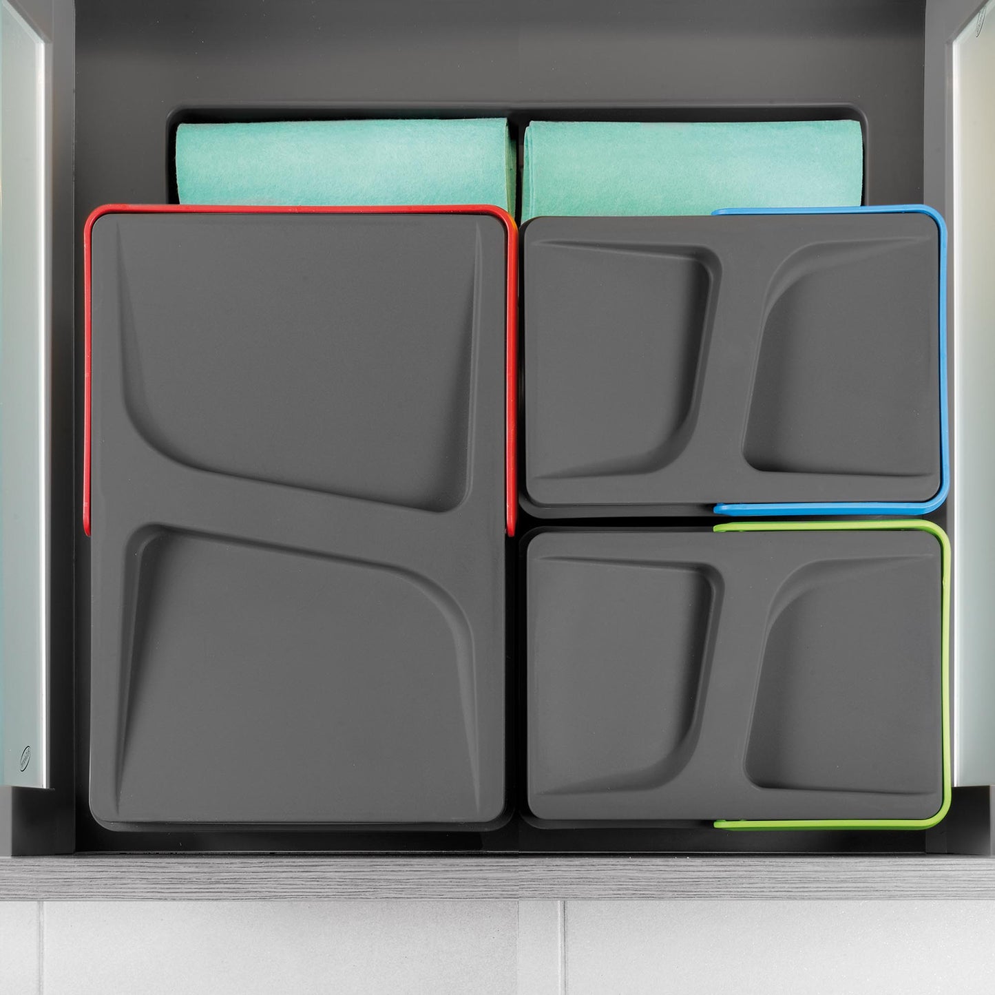 Emuca Kit di contenitori per cassetti da cucina con base Recycle altezza 216 mm, 1x12 lt, 2x6 lt, modulo 600 mm, Grigio antracite, Tecnoplastica