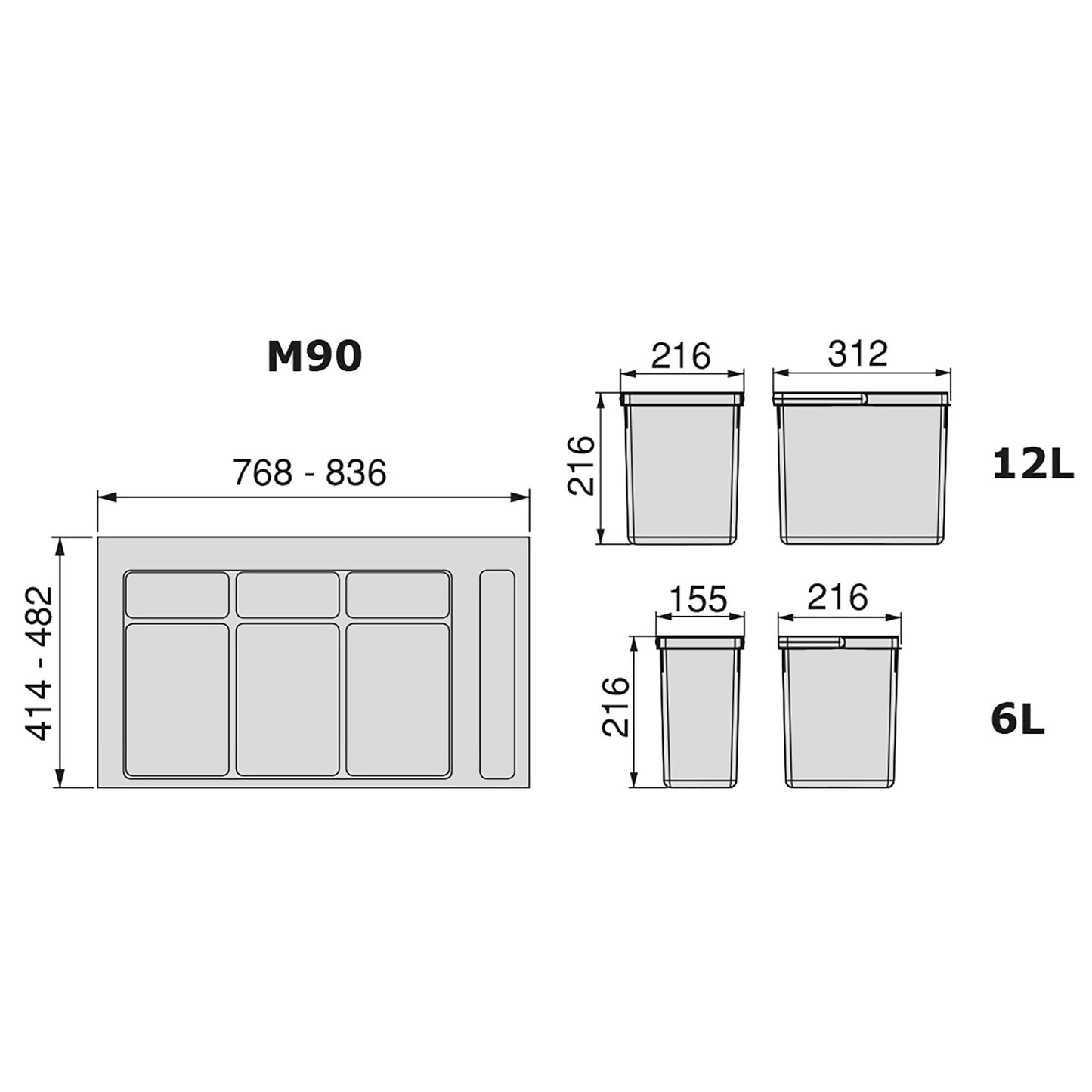 Emuca Kit di contenitori per cassetti da cucina con base Recycle altezza 216 mm, 2x12 lt, 2x6 lt, modulo 900 mm, Grigio antracite, Tecnoplastica