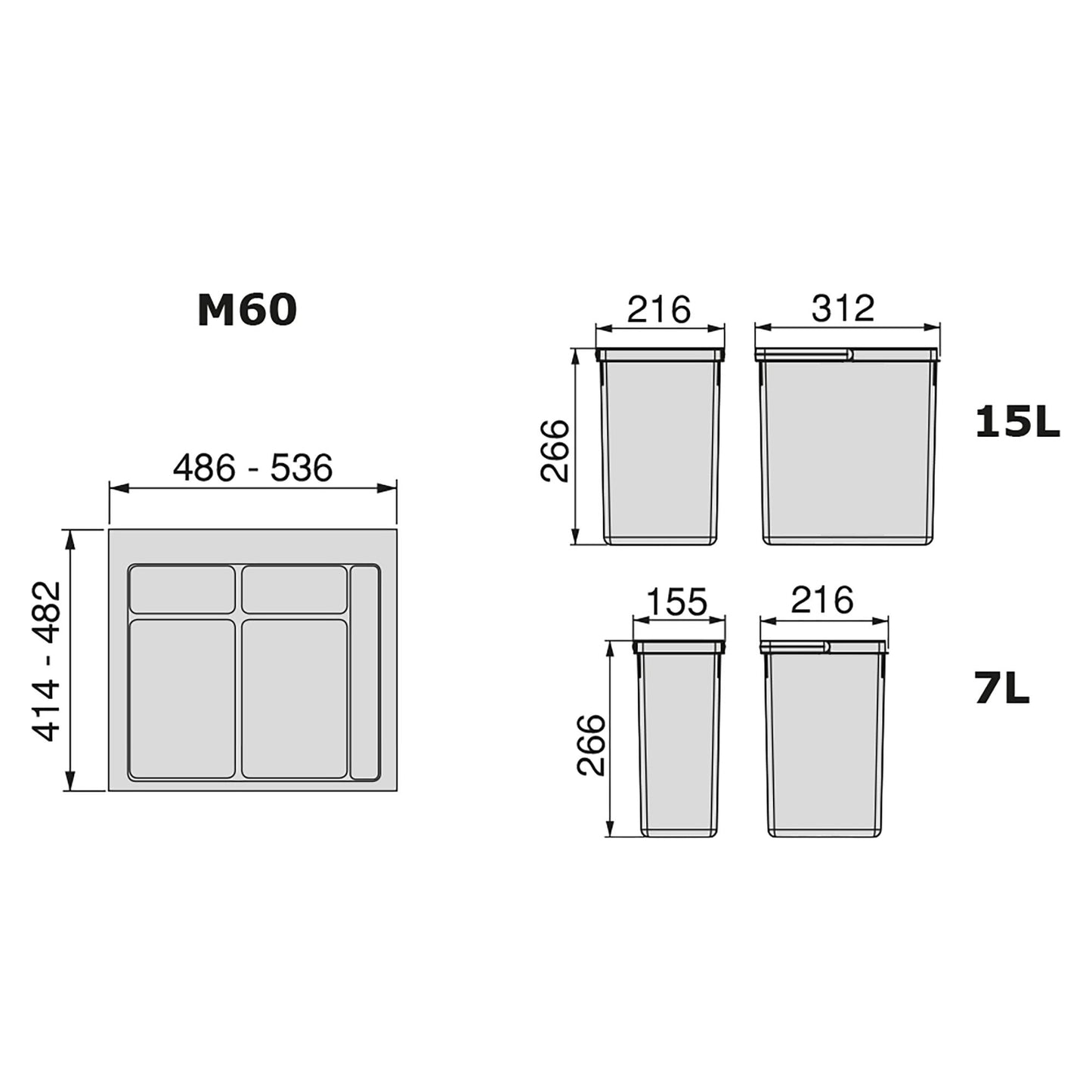 Emuca Kit di contenitori per cassetto da cucina con base Recycle altezza 266 mm, 1x15 lt, 2x7 lt, modulo 600 mm, Grigio antracite, Tecnoplastica