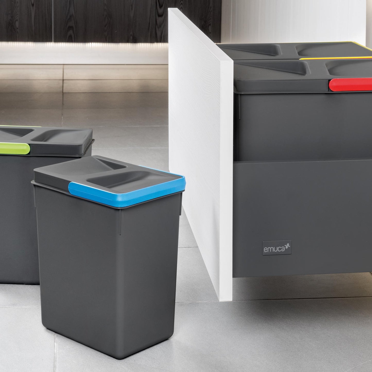 Emuca Kit di contenitori per cassetto da cucina con base Recycle altezza 266 mm, 2x15 lt, 2x7 lt, modulo 900 mm, Grigio antracite in plastica