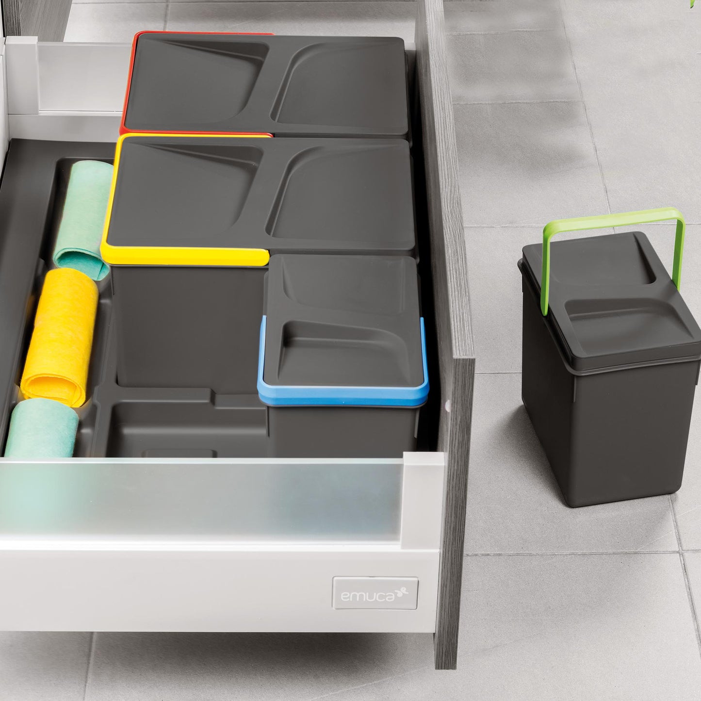 Emuca Kit di contenitori per cassetto da cucina con base Recycle altezza 266 mm, 2x15 lt, 2x7 lt, modulo 900 mm, Grigio antracite in plastica
