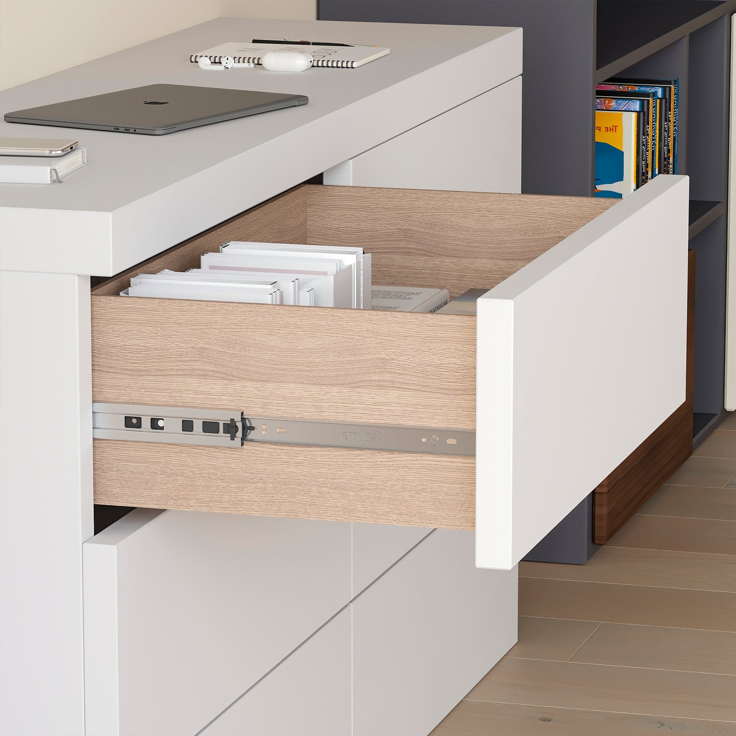 Emuca Lotto di 5 set di guide per cassetti, a sfera, altezza 45 mm, profondità 450 mm, estrazione totale, push, chiusura soft, Zincato bianco