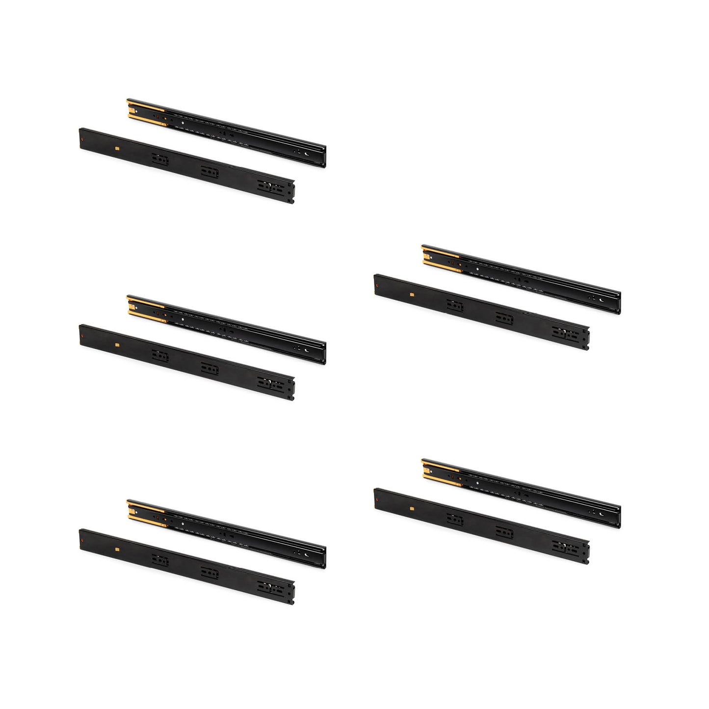 Emuca Lotto di 5 set guide per cassetti, a sfera, altezza 45 mm, profondità 550 mm, estrazione totale, chiusura soft, Nera