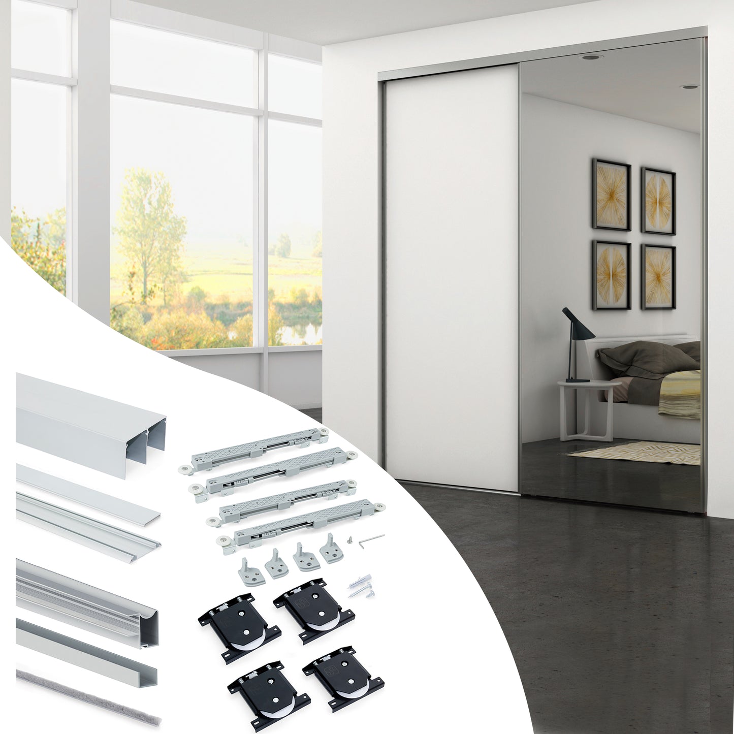 Emuca Kit di ferramenta per armadio a 2 porte scorrevoli e chiusura ammortizzata Placard 81, profilo Wave, spessore 16 mm, pannelli non inclusi, Anodizzato opaco