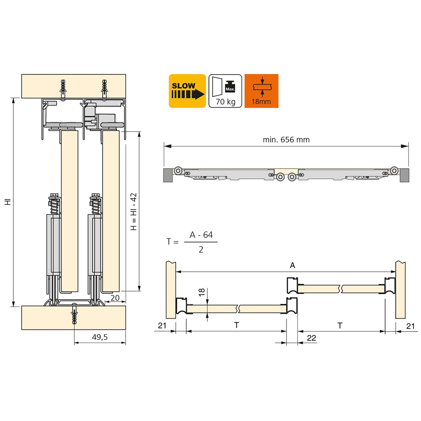 Emuca Kit di ferramenta per armadio a 2 porte scorrevoli e chiusura ammortizzata Placard 81, profilo Wave, spessore 18 mm, pannelli non inclusi, Anodizzato opaco