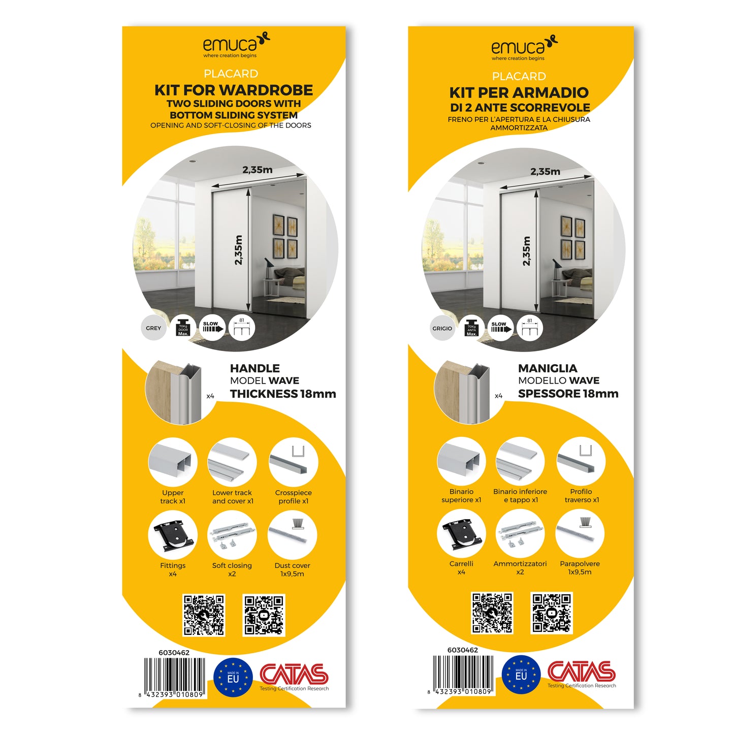 Emuca Kit di ferramenta per armadio a 2 porte scorrevoli e chiusura ammortizzata Placard 81, profilo Wave, spessore 18 mm, pannelli non inclusi, Anodizzato opaco