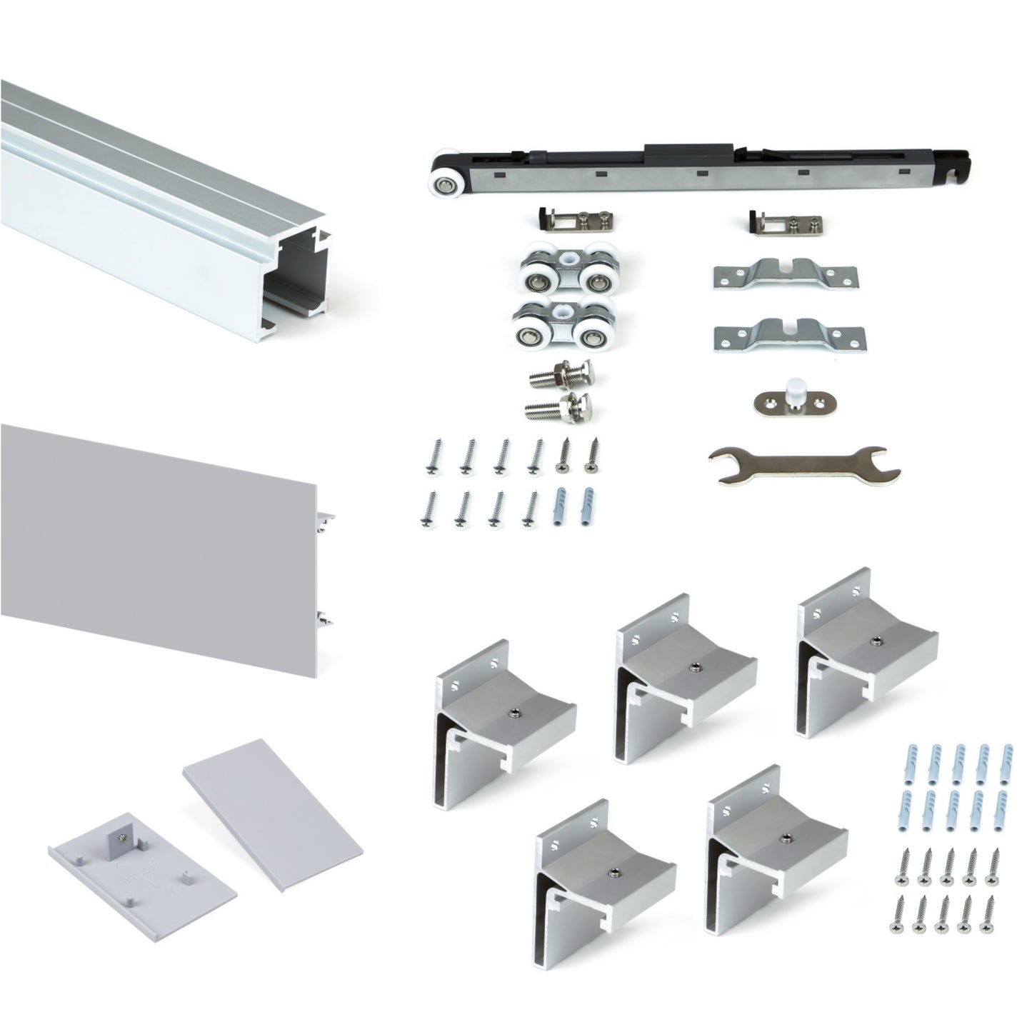 Emuca Kit di sistema scorrevole Railway per ante scorrevoli in legno appese e chiusura ammortizzata, 80 kg, Alluminio, Anodizzato opaco