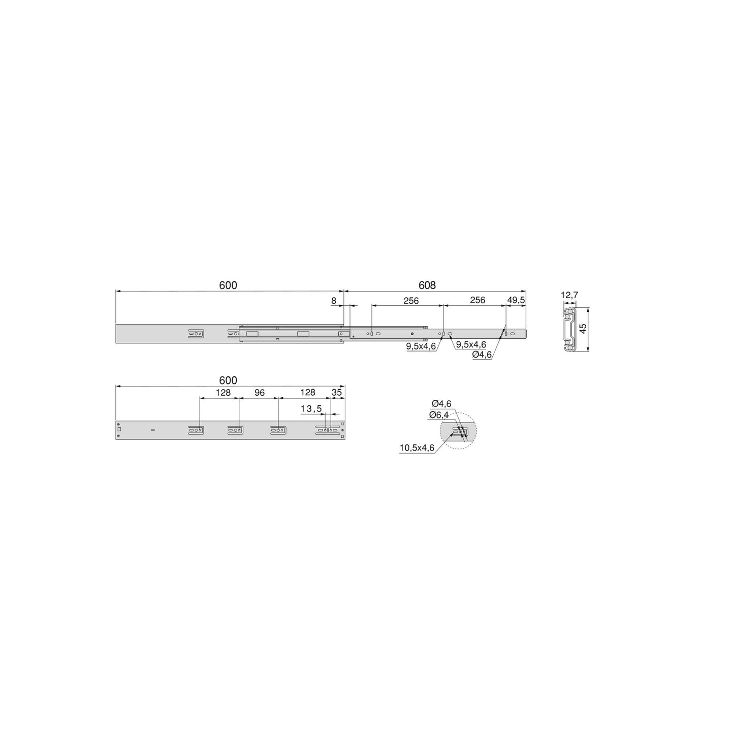 Emuca Set di guide a sfere per cassetti con estrazione totale e chiusura soft, altezza 45 mm, lunghezza 600 mm, Acciaio, Zincato bianco