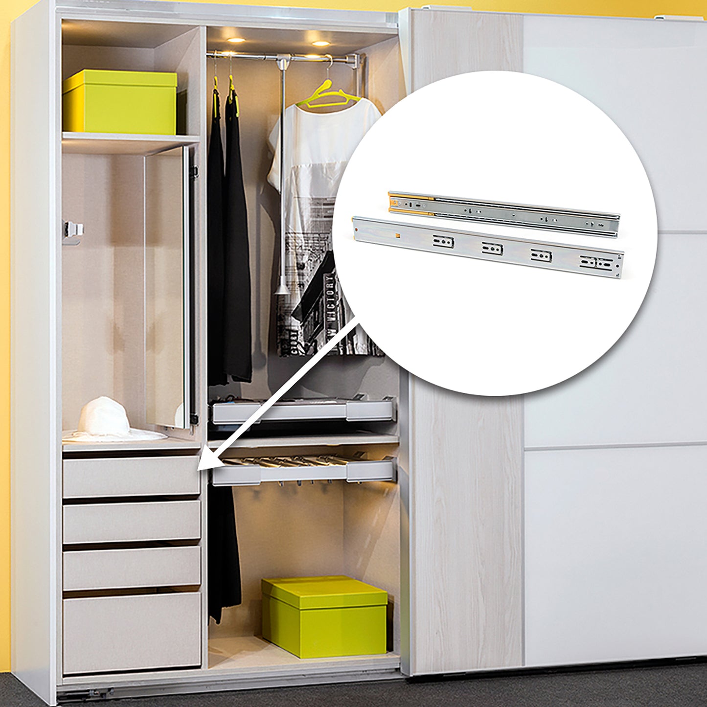 Emuca Lotto di 5 set guide per cassetti, a sfera, altezza 45 mm, profondità 650 mm, estrazione totale, chiusura soft, Zincato bianco