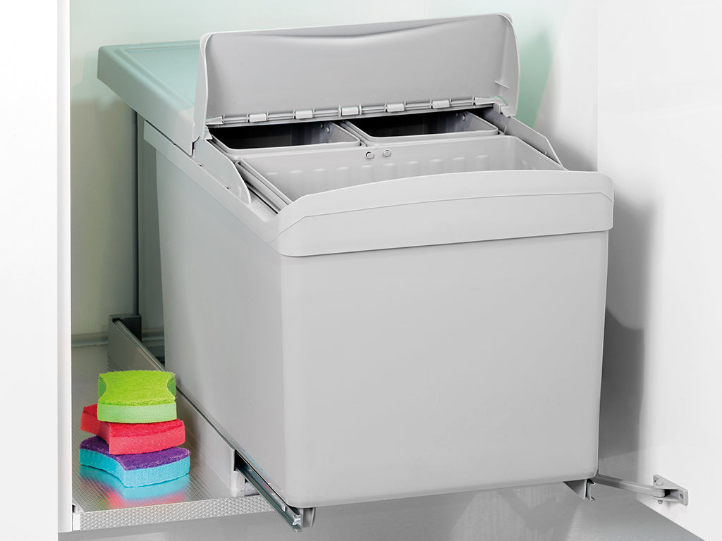 Emuca contenitore per la raccolta differenziata da montare sul fondo ed estraibile automaticamente in un mobile da cucina 1x16lt 2x7,5lt, Tecnoplastica Grigia