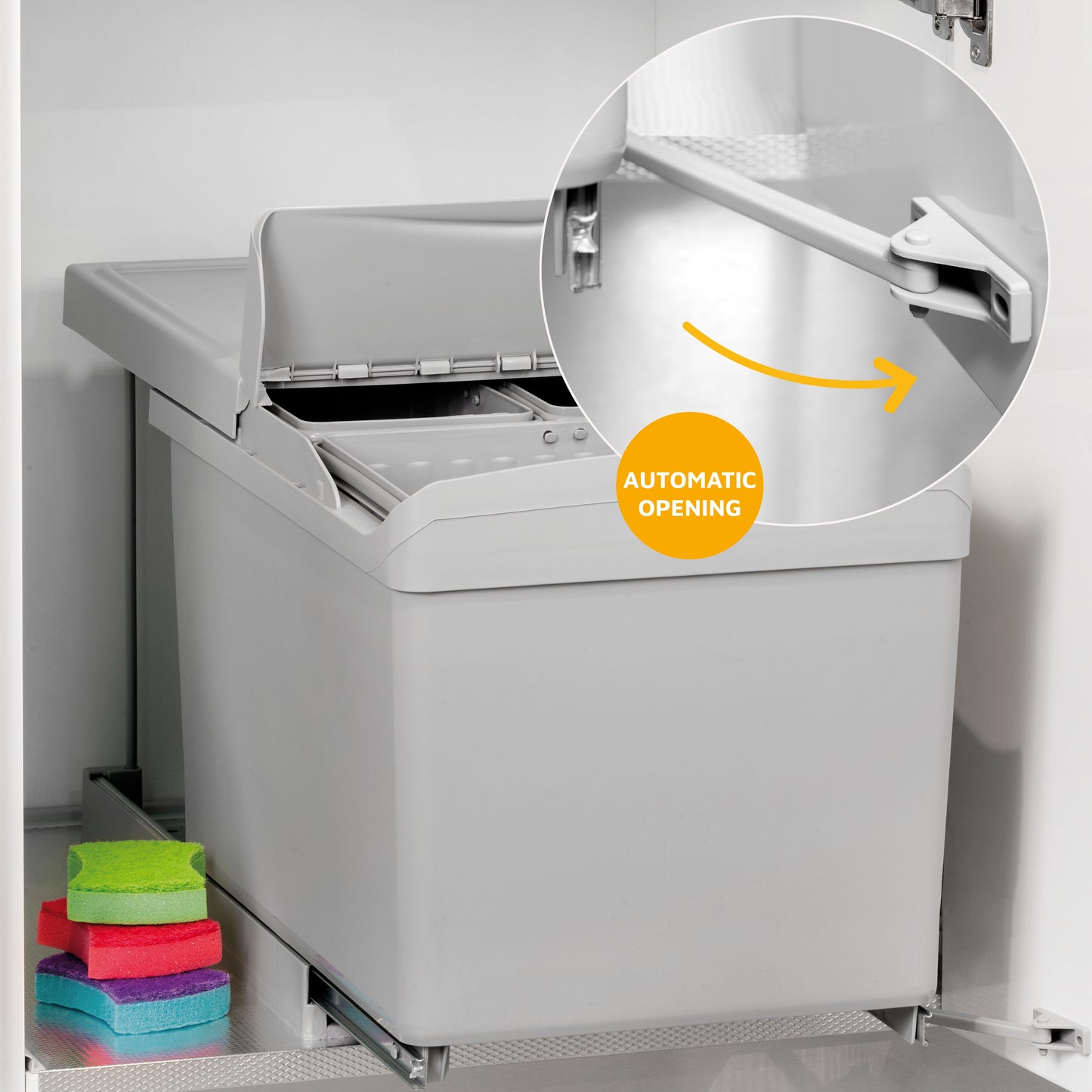 Emuca contenitore per la raccolta differenziata da montare sul fondo ed estraibile automaticamente in un mobile da cucina 1x16lt 2x7,5lt, Tecnoplastica Grigia