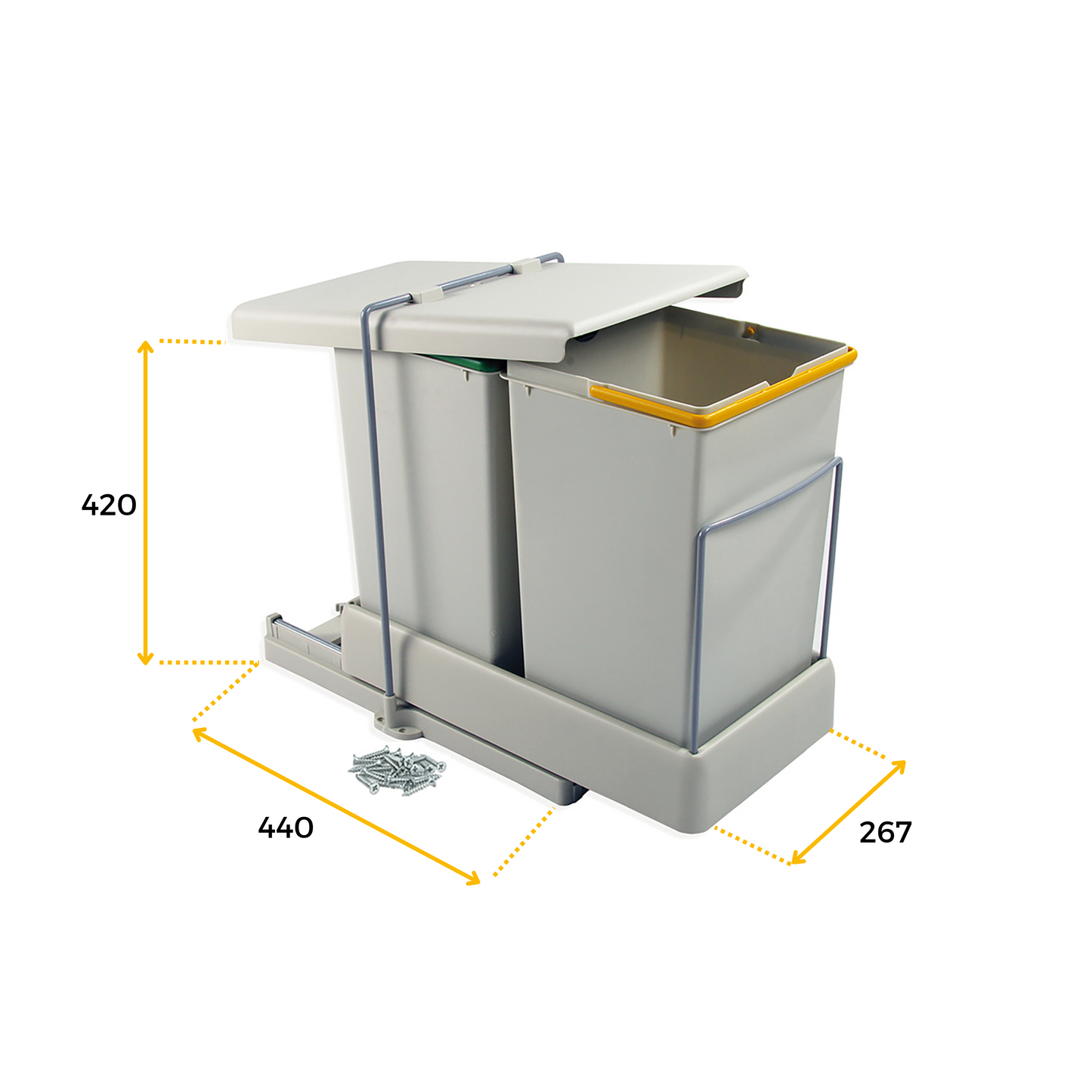 Emuca contenitore per la raccolta differenziata da montare sul fondo ed estraibile automaticamente in cucina 2x14lt, Tecnoplastica Grigia