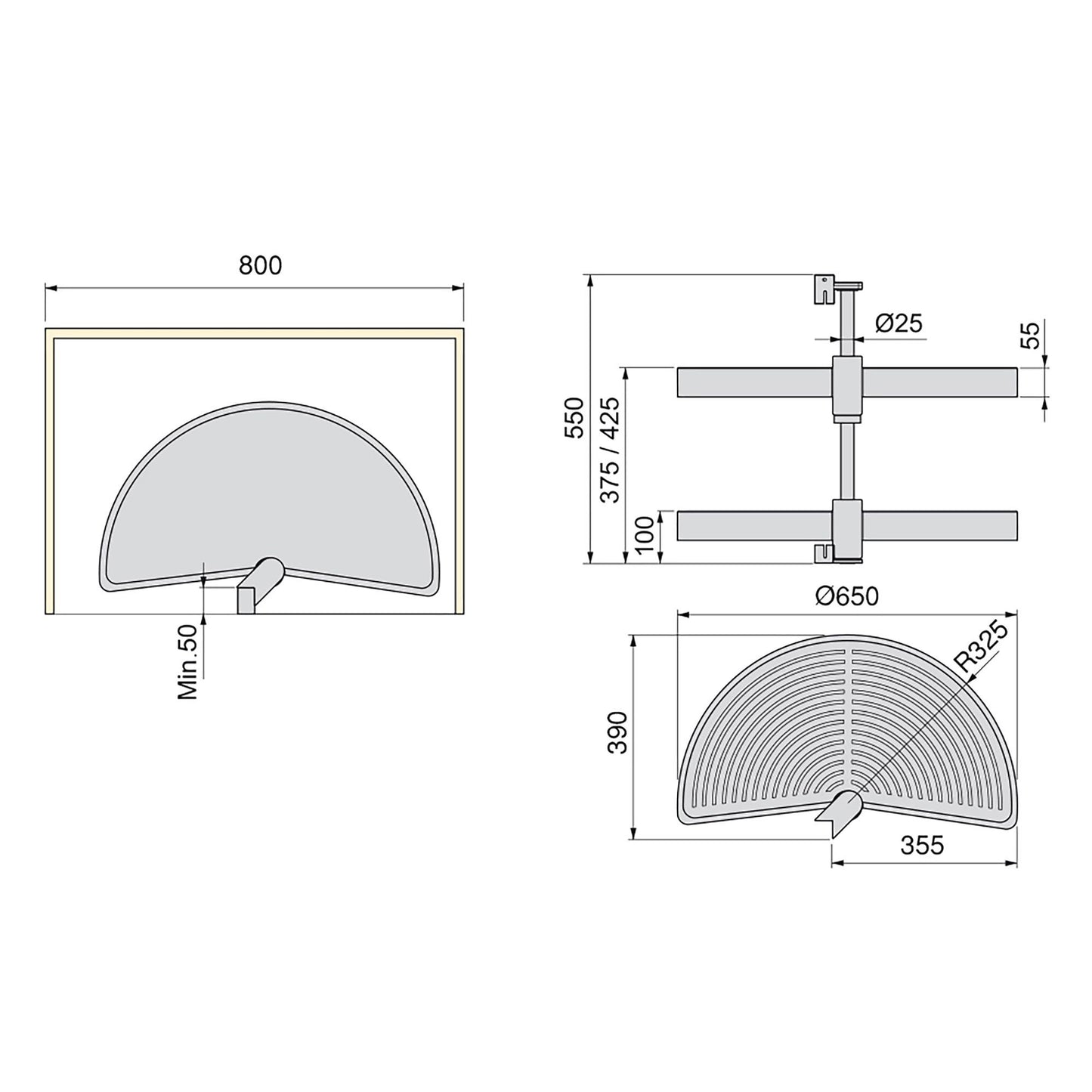 Emuca Set di piatti girevoli Shelvo a 1/2 luna, per modulo da 800 mm, Tecnoplastica e Alluminio, Grigia