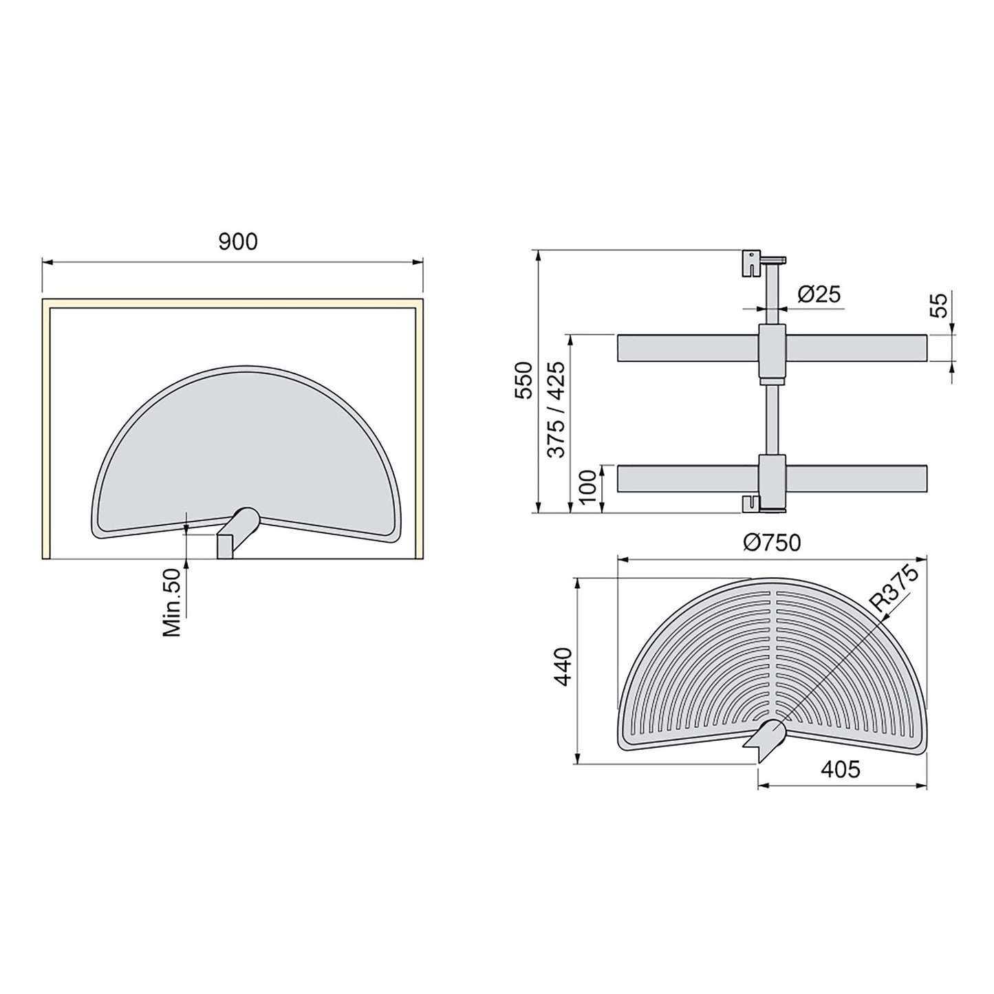 Emuca Set di piatti girevoli Shelvo a 1/2 luna, per modulo da 900 mm, Tecnoplastica e Alluminio, Grigia