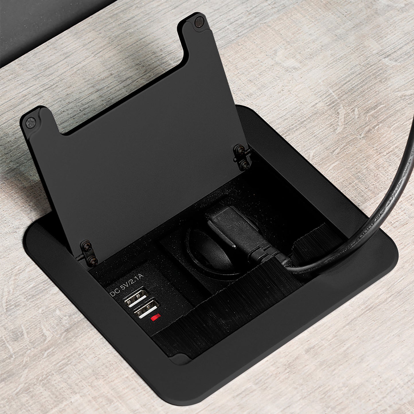 Emuca Multiconnettore da tavolo Atom 14, 130x115 mm, 1 presa Schuko, 2 USB tipo A, 1 HDMI, Acciaio e Tecnoplastica e Alluminio, Verniciato nero