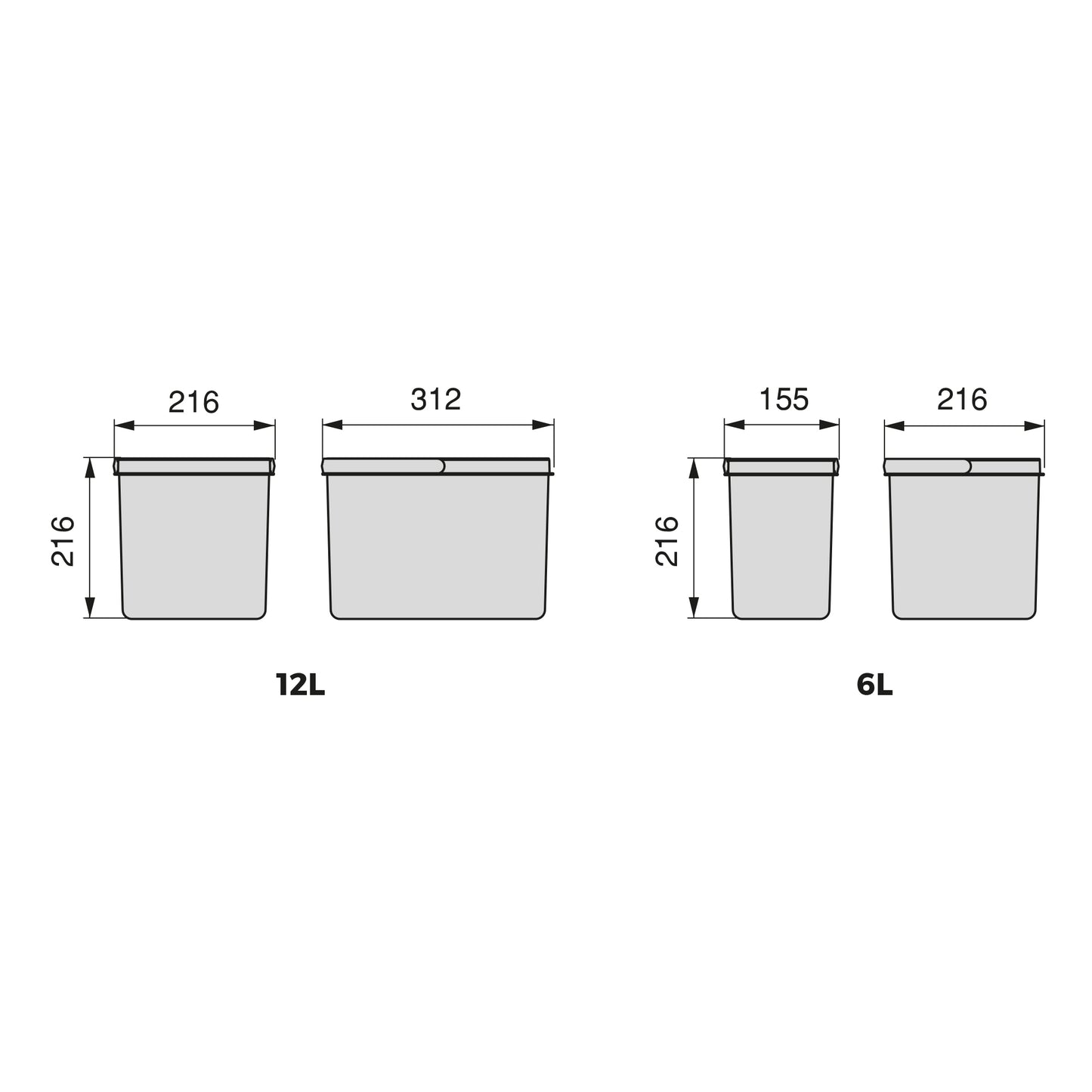 Emuca Kit di contenitori per la raccolta differenziata per cassetti da cucina Recycle Altezza Recycle 216 mm, 1x12lt, 2x6lt, Grigio antracite Tecnoplastica