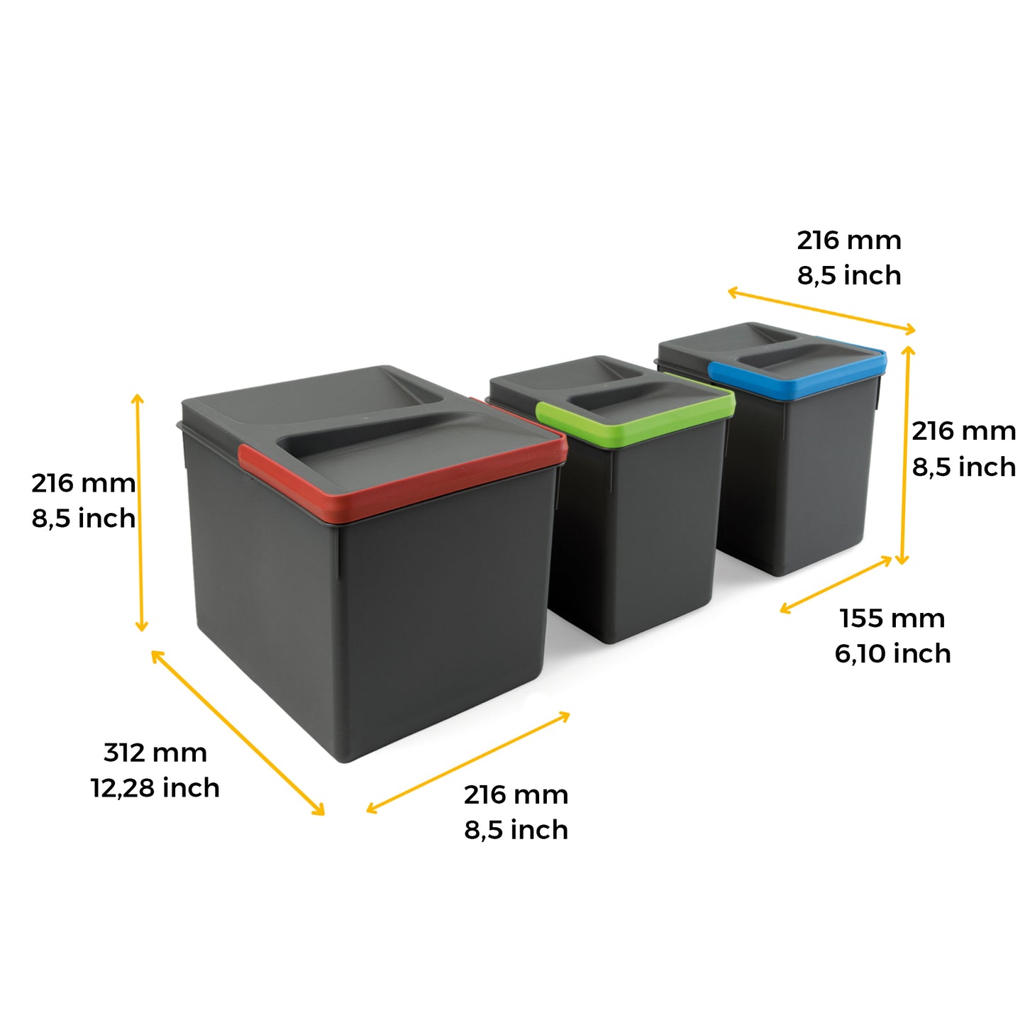Emuca Kit di contenitori per la raccolta differenziata per cassetti da cucina Recycle Altezza Recycle 216 mm, 1x12lt, 2x6lt, Grigio antracite Tecnoplastica