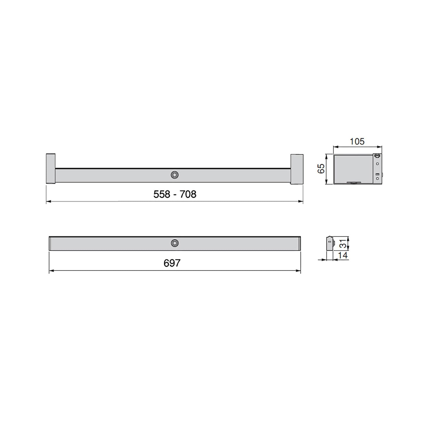Emuca Barra Appendiabiti per armadi con luce LED Castor, batteria estraibile e sensore di movimento, L708 mm, Tecnoplastica e Alluminio, Grigio metallizzata
